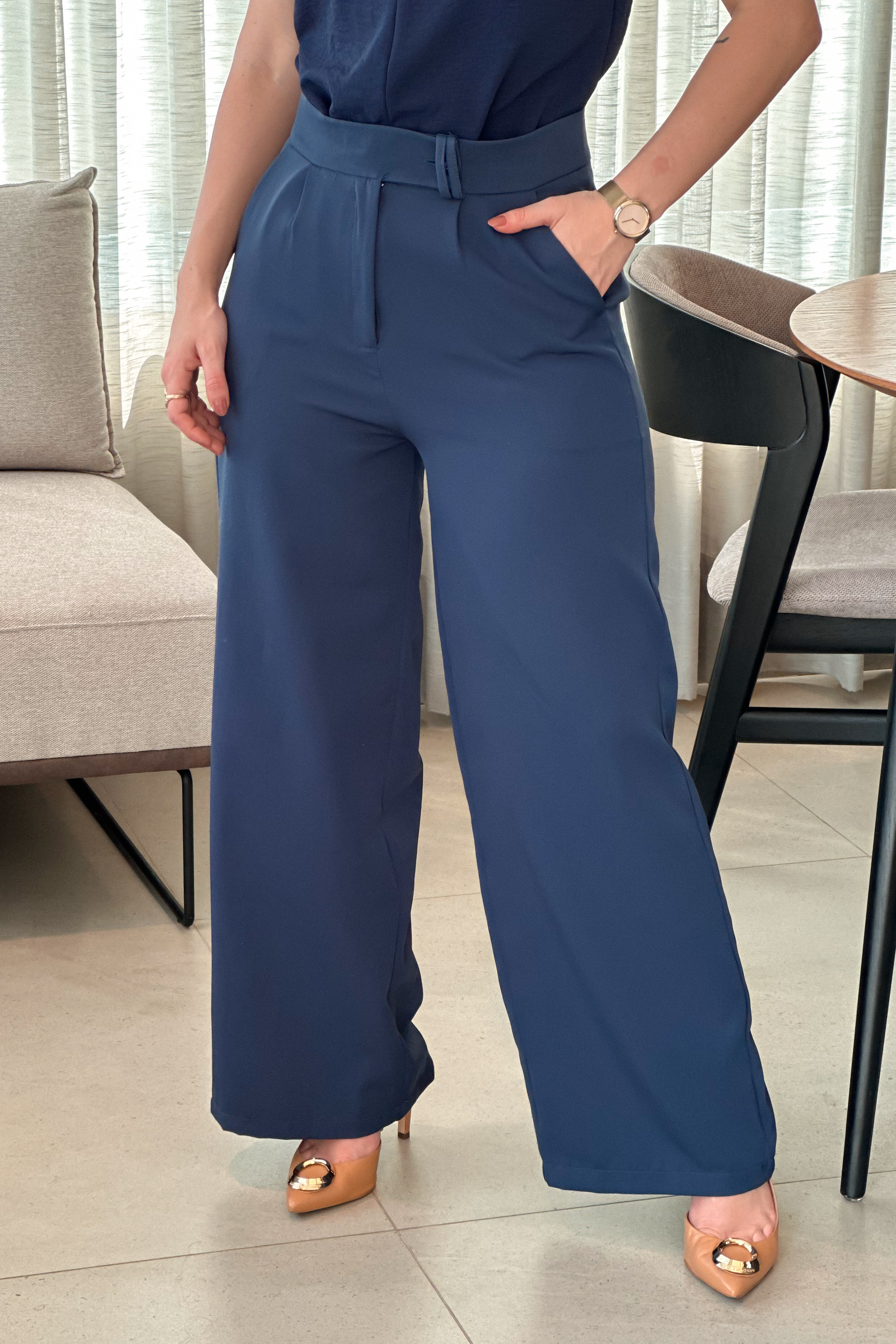 Calça Pantalona Alfaiataria Mariane Azul Marinho - imporium