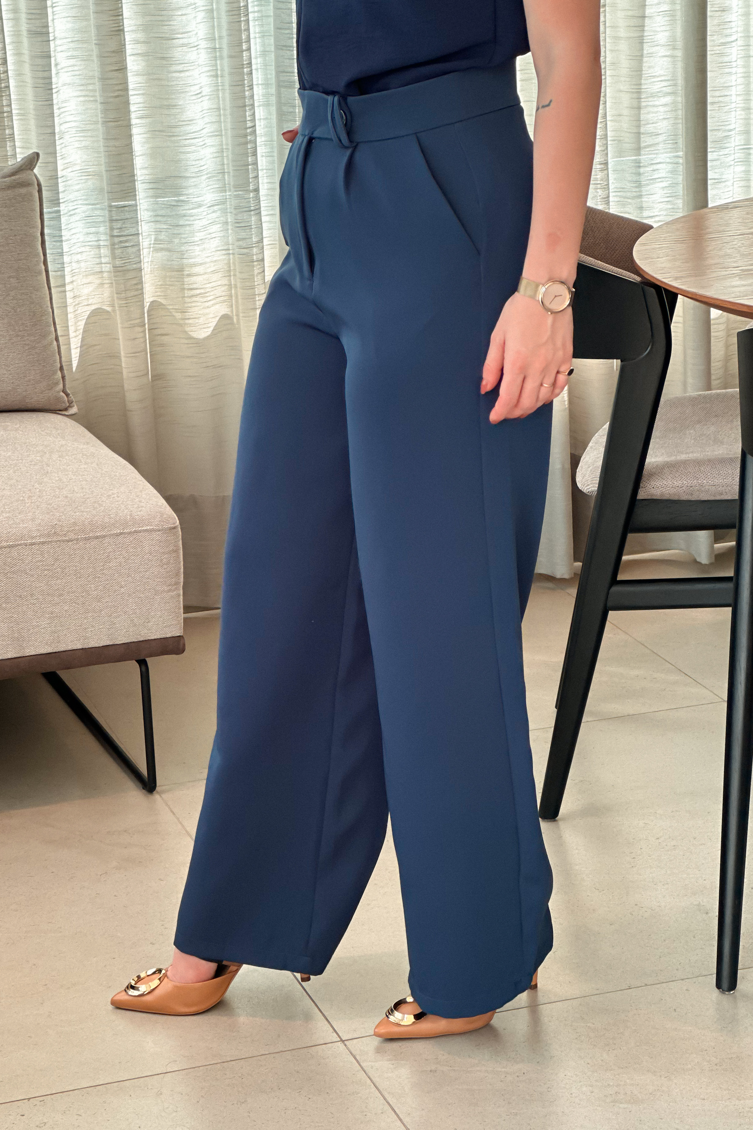 Calça Pantalona Alfaiataria Mariane Azul Marinho - imporium
