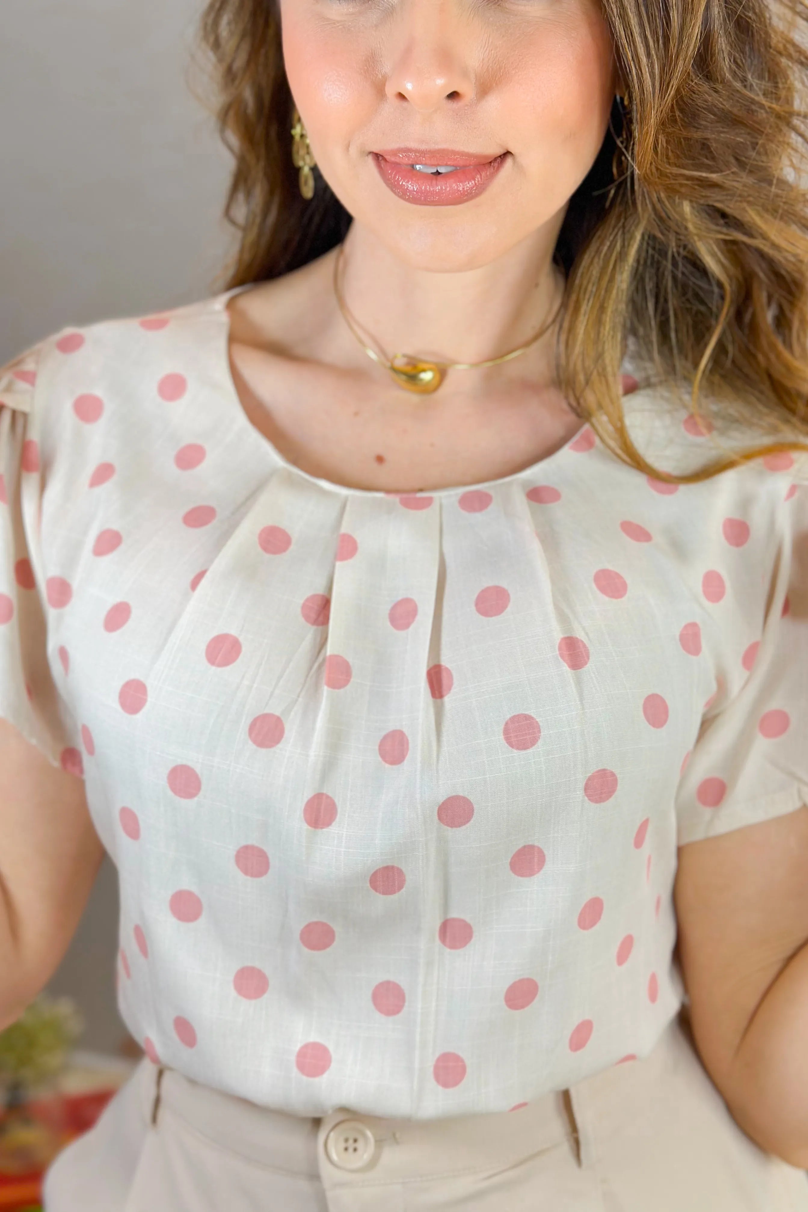 Blusa Manga Curta Visco Transpassada Bela Estampada Poá Rosa