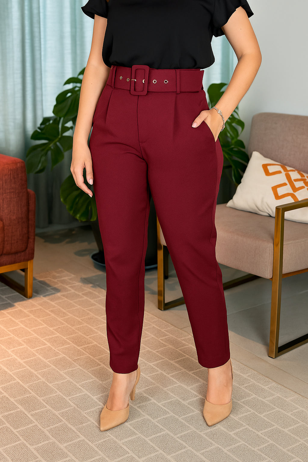 Calça Cinto Encapado Cenoura Marsala - imporium