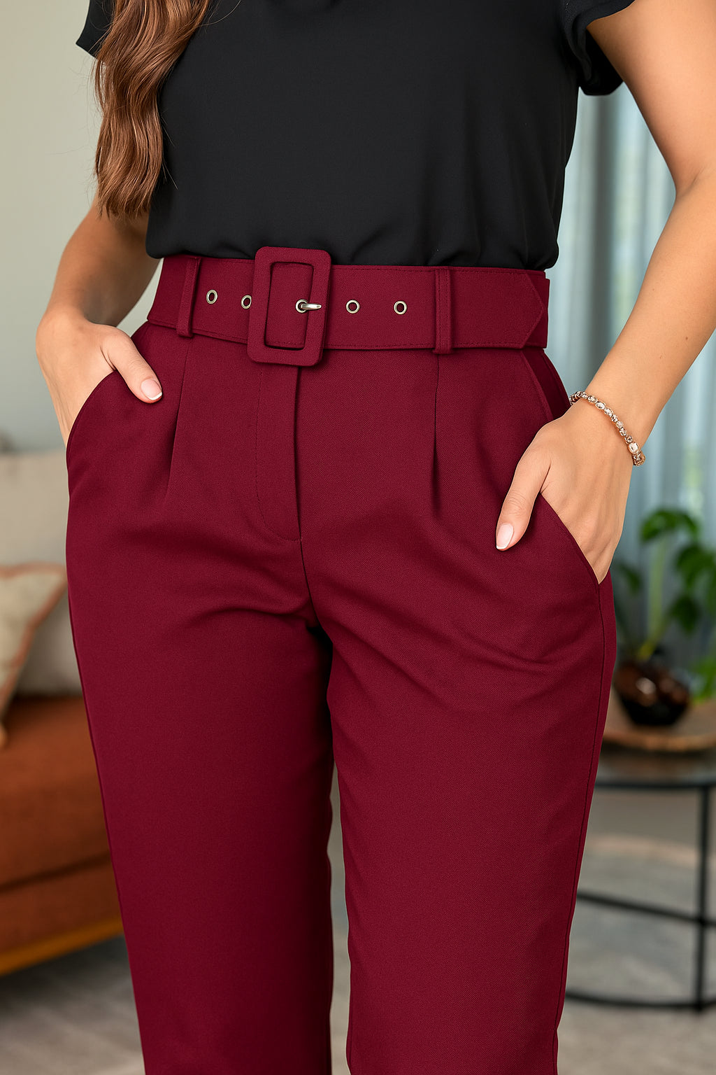 Calça Cinto Encapado Cenoura Marsala - imporium