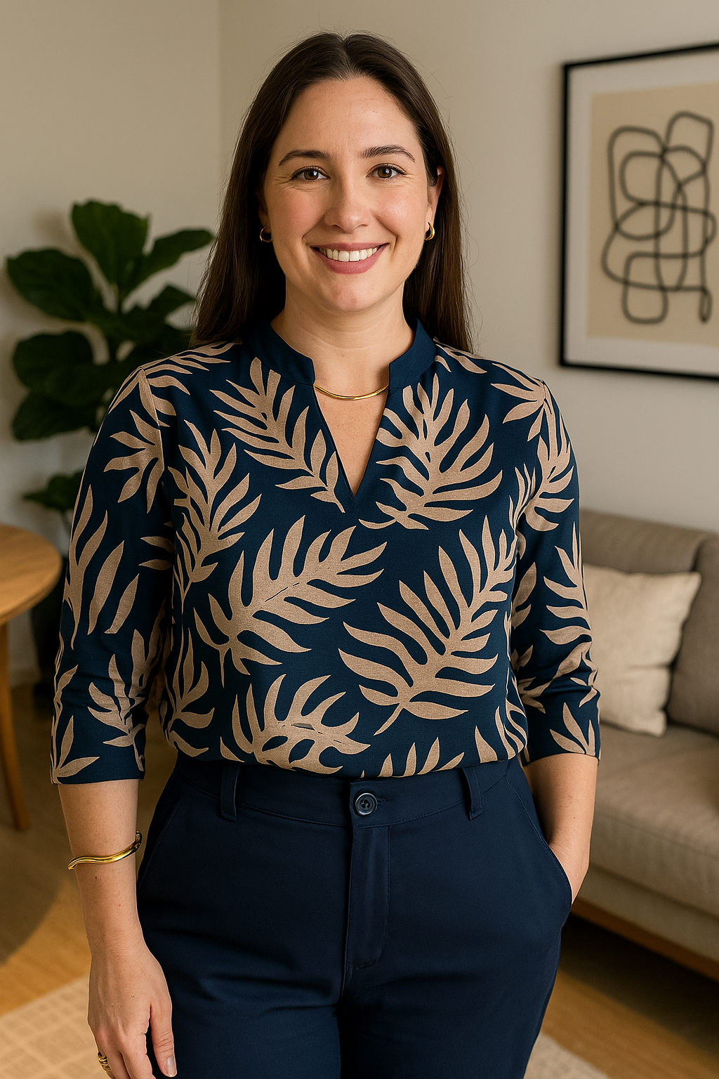 Blusa Manga 3/4 Decote "V" Deise Estampada Azul