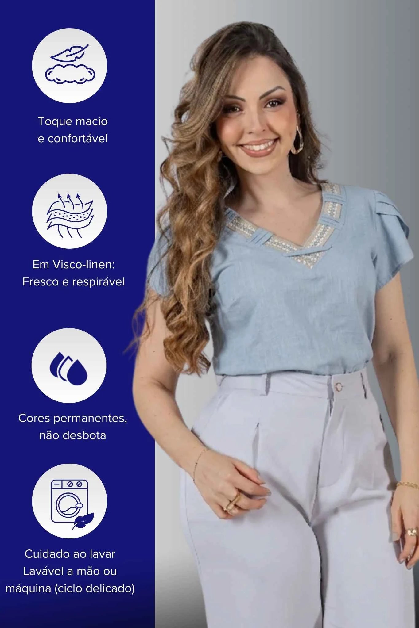 Blusa Manga Curta Decote V em Visco Linen com Gola Detalhada Iris Azul