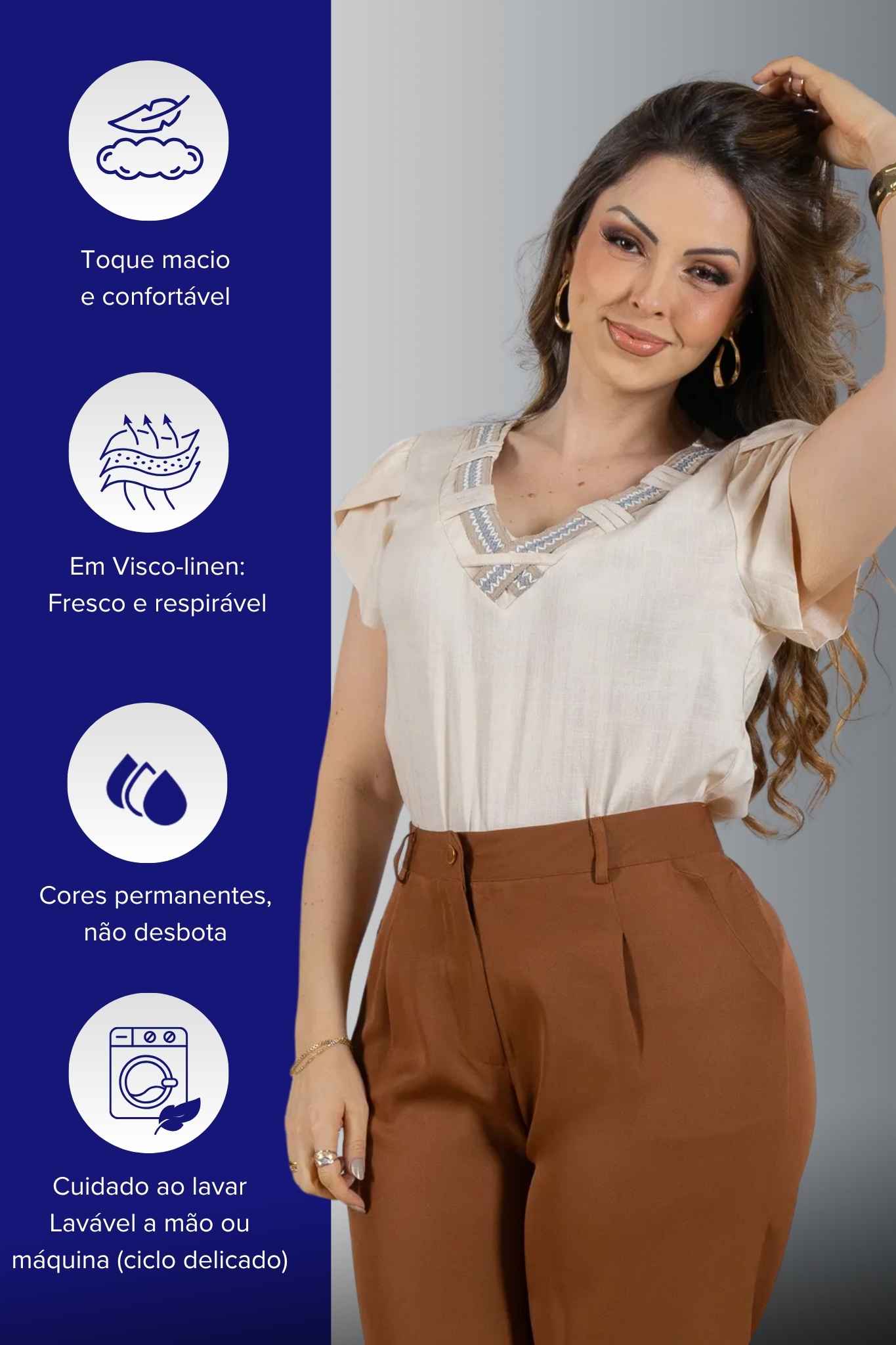 Blusa Manga Curta Transpassada Decote V em Visco Linen com Gola Detalhada Iris Creme