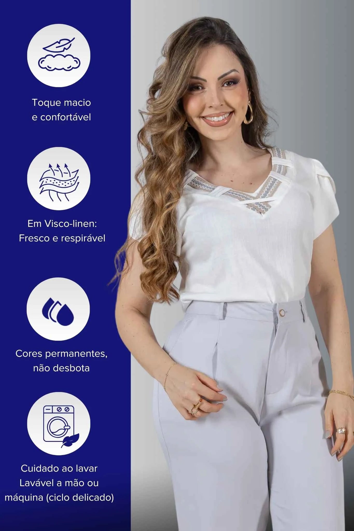 Blusa Manga Curta Transpassada Decote V em Visco Linen com Gola Detalhada Iris Branca