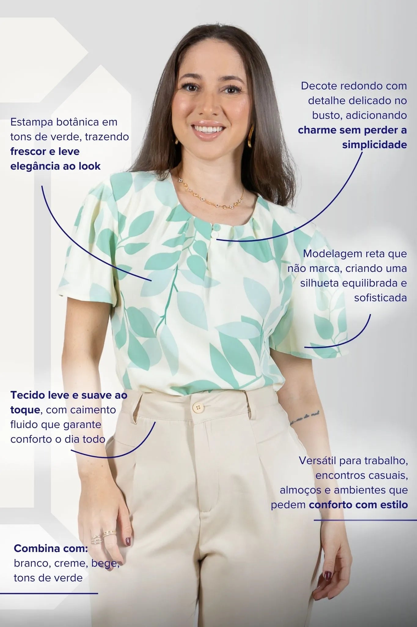 Blusa Manga Curta Estampada Folhagem Crepe Classic Joelma Verde