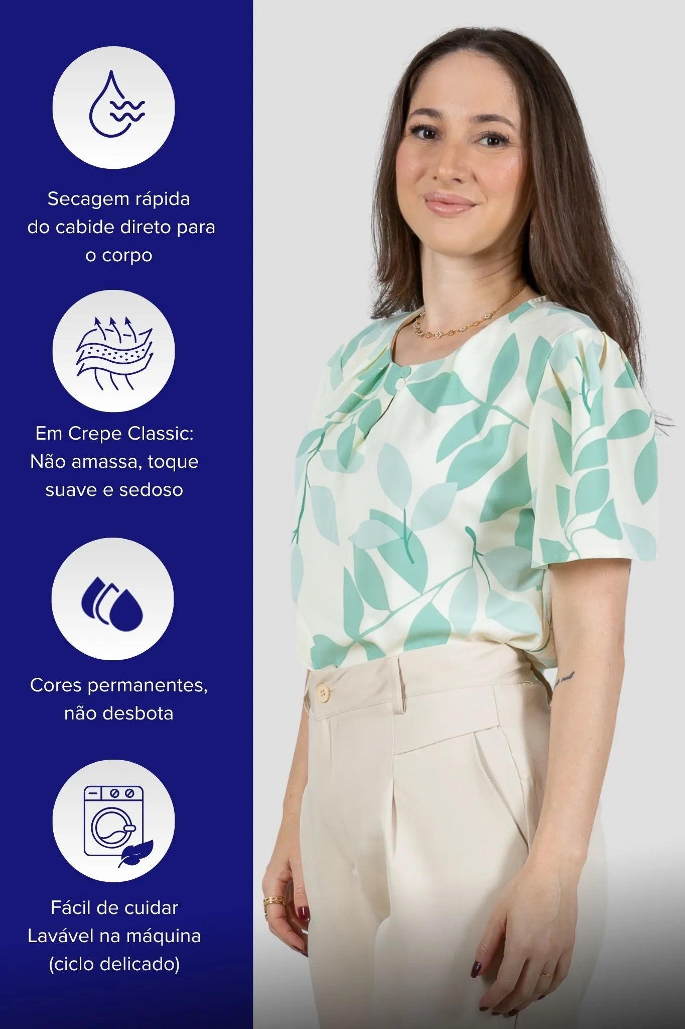 Blusa Manga Curta Estampada Folhagem Crepe Classic Joelma Verde