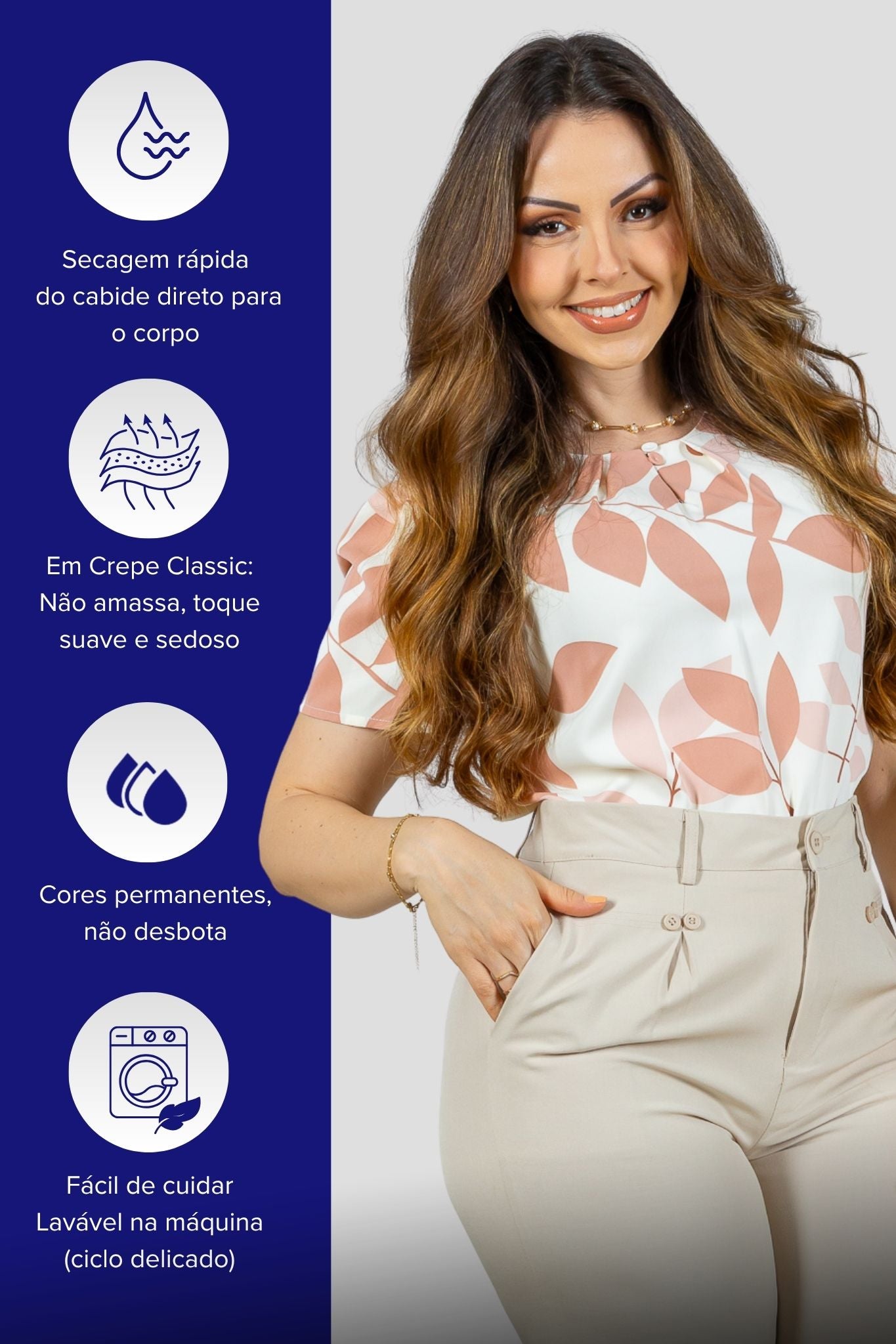 Blusa Manga Curta Estampada Folhagem Crepe Classic Joelma Rose