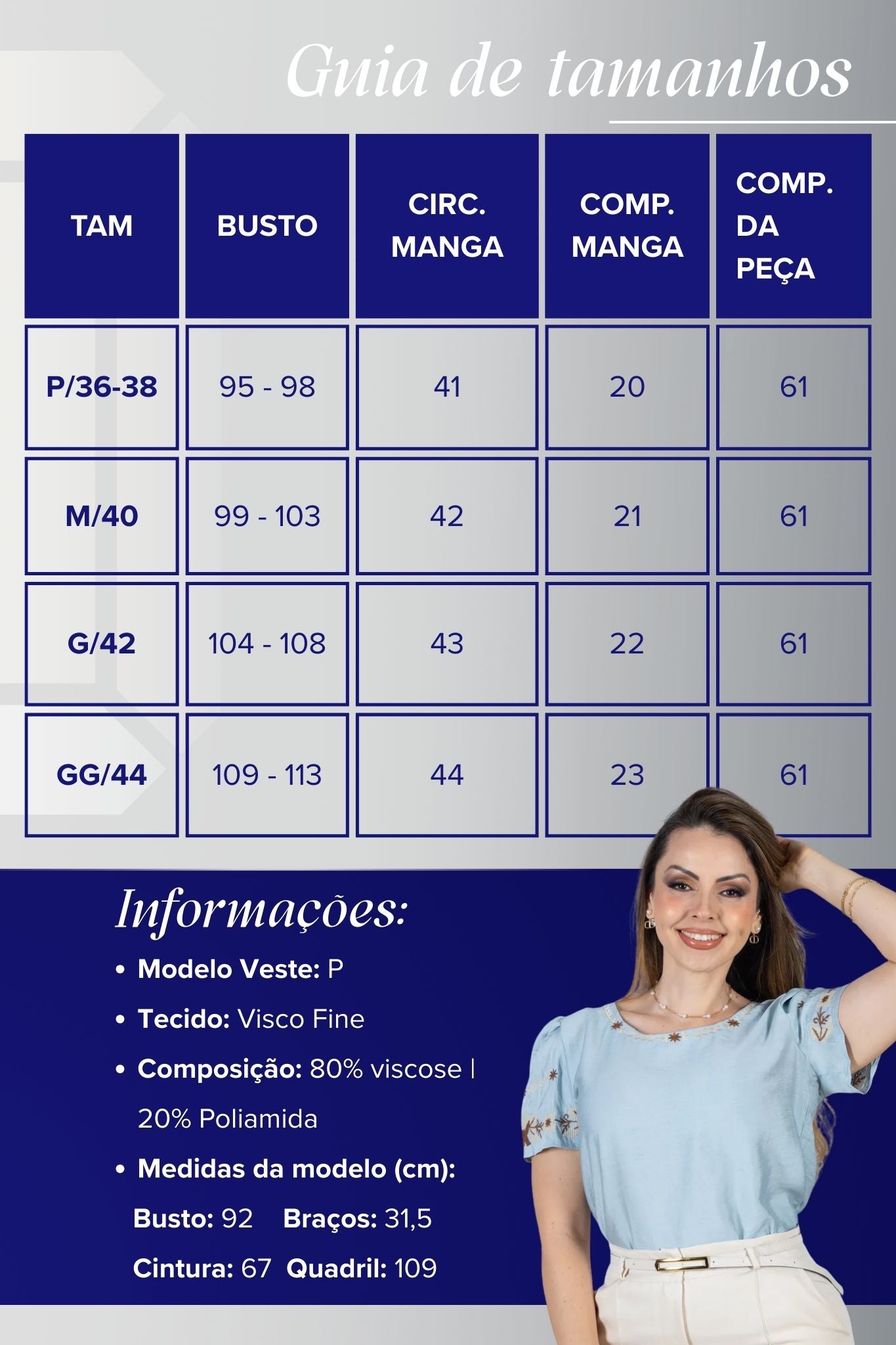 Blusa Manga Curta com Detalhes Bordados Visco Fine Juliana Azul