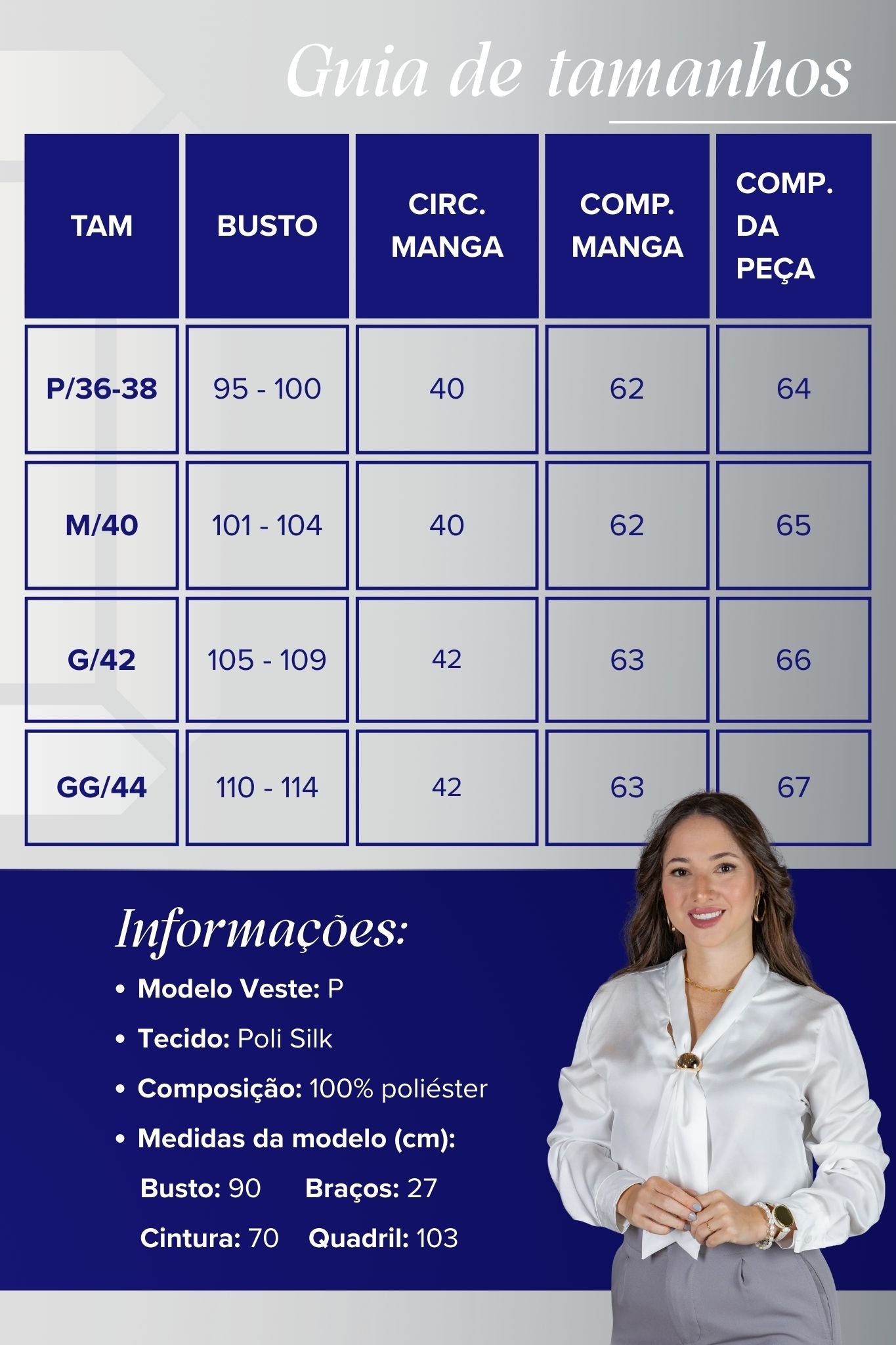 Blusa Manga Longa em Poli Silk com Broche Dourado Lara Branca