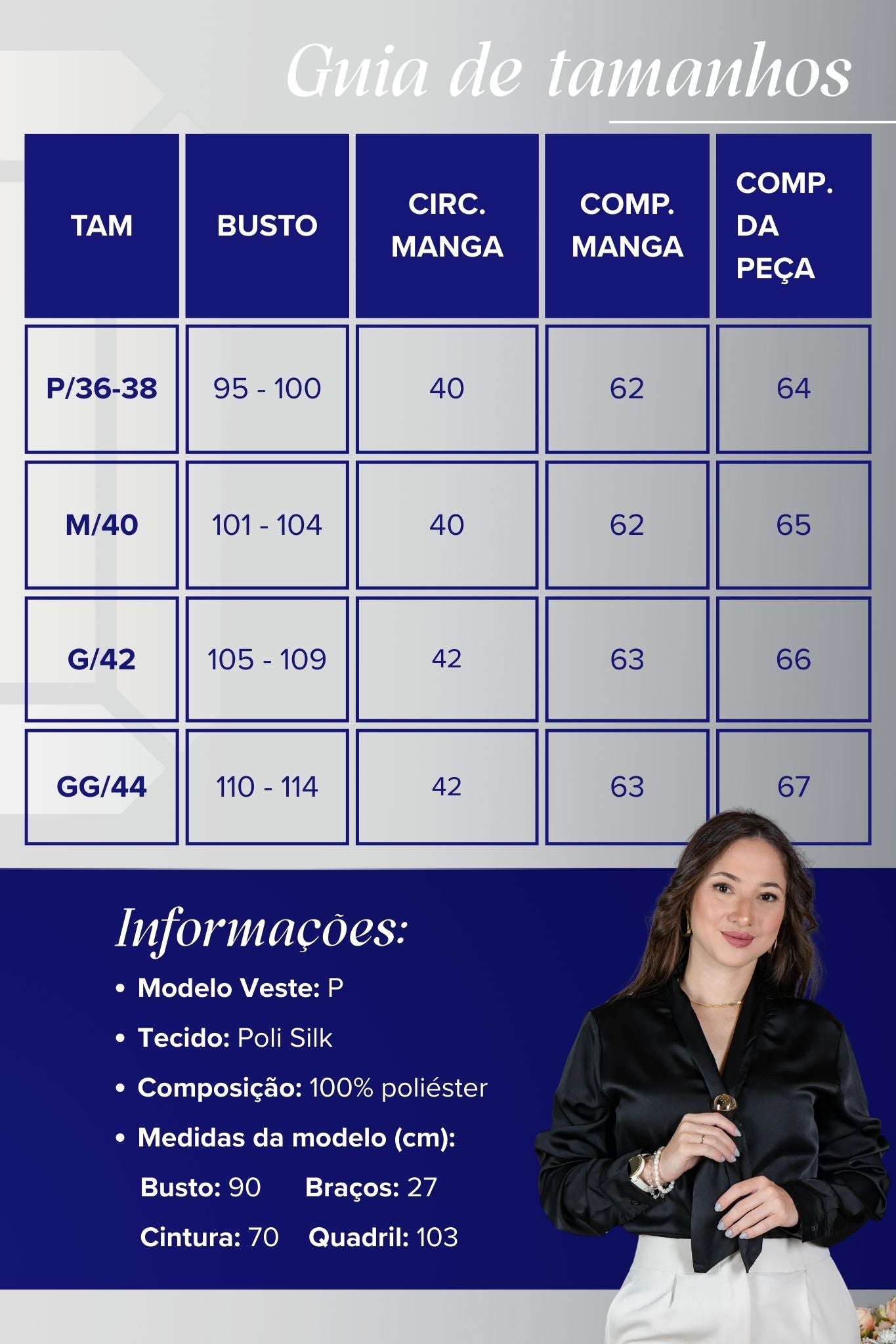 Blusa Manga Longa em Poli Silk com Broche Dourado Lara Preta