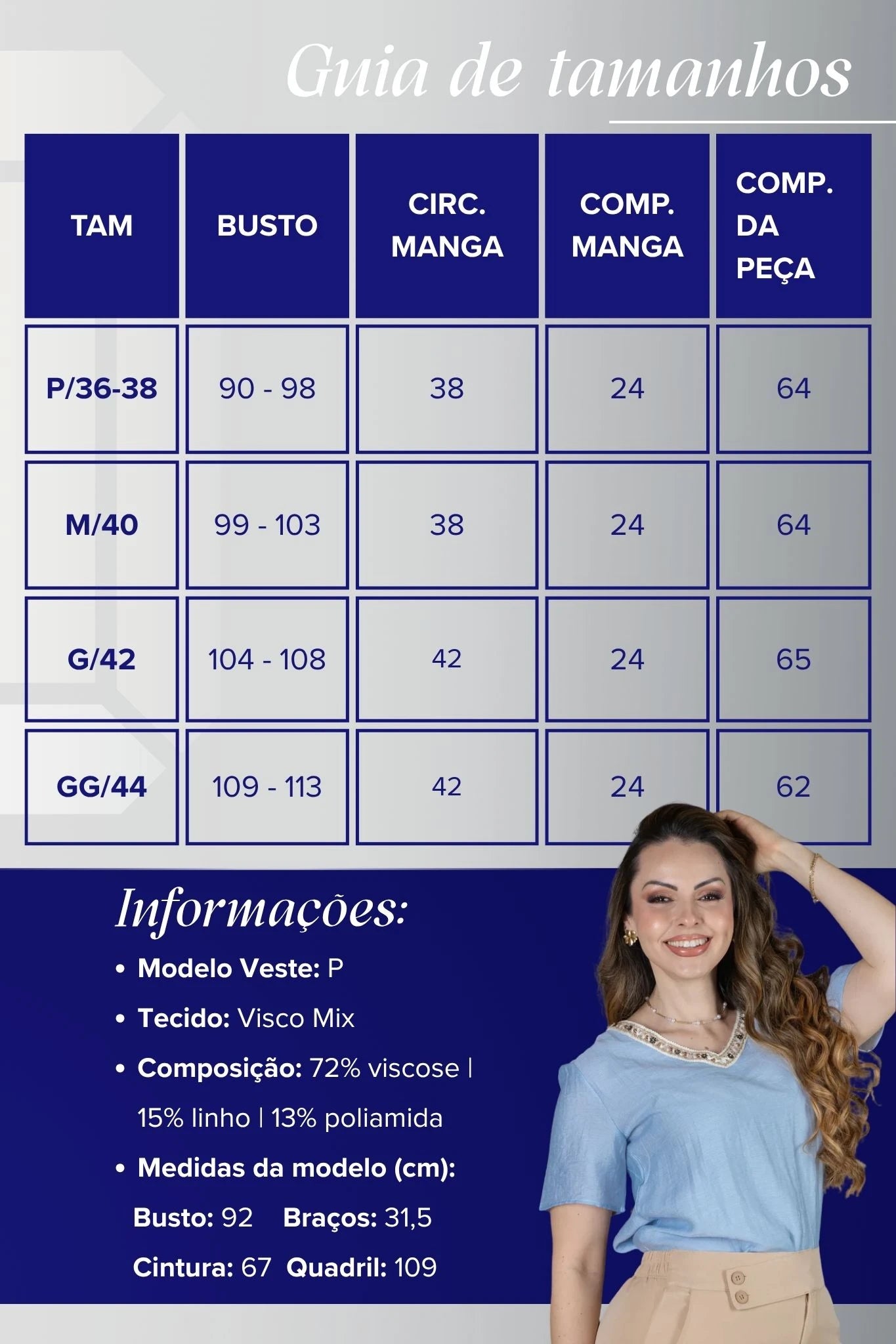 Blusa Manga Curta Decote em "V" em Visco Mix Bordado com Pedraria Leandra Azul