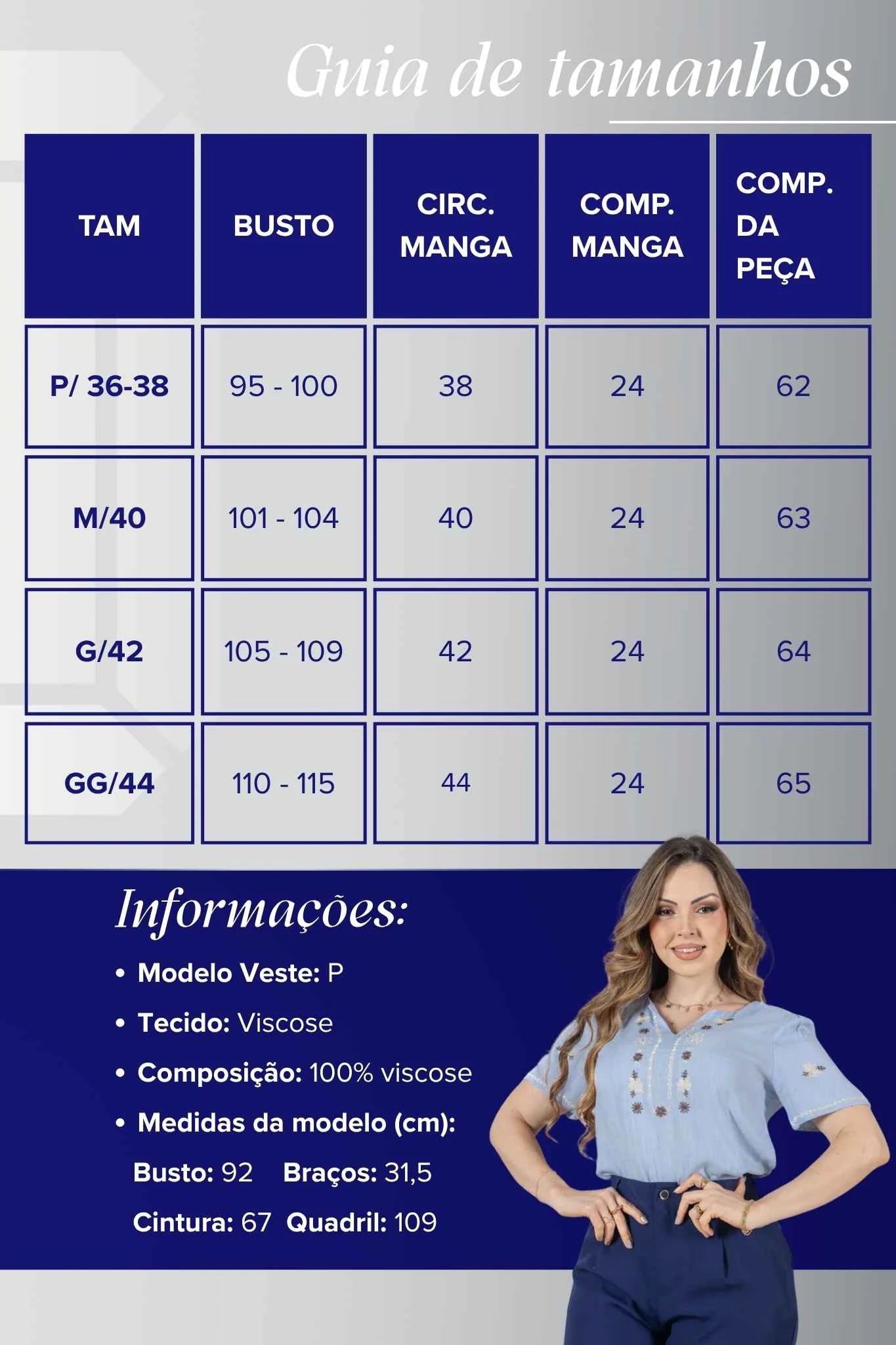 Blusa Manga Curta Decote em 'V' em Viscose com Acabamento Bordado Liara Azul
