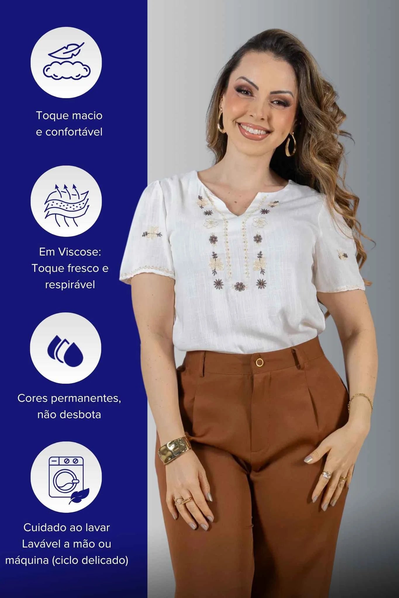 Blusa Manga Curta Decote em 'V' em Viscose com Acabamento Bordado Liara Branca