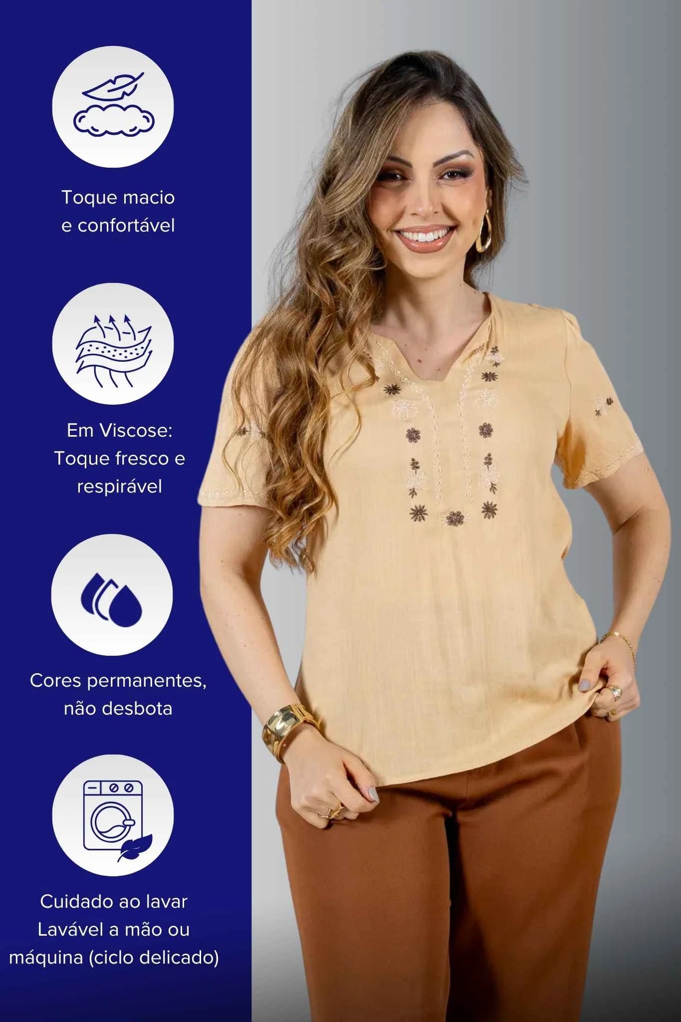 Blusa Manga Curta Decote em 'V' em Viscose com Acabamento Bordado Liara Mostarda