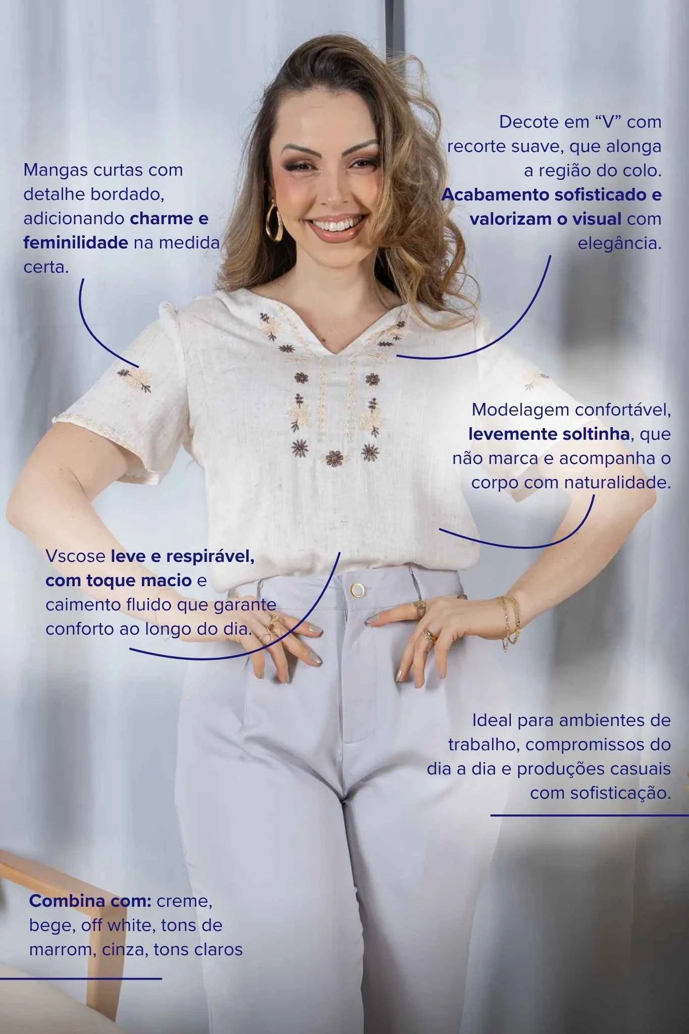 Blusa Manga Curta Decote em 'V' em Viscose com Acabamento Bordado Liara Off White