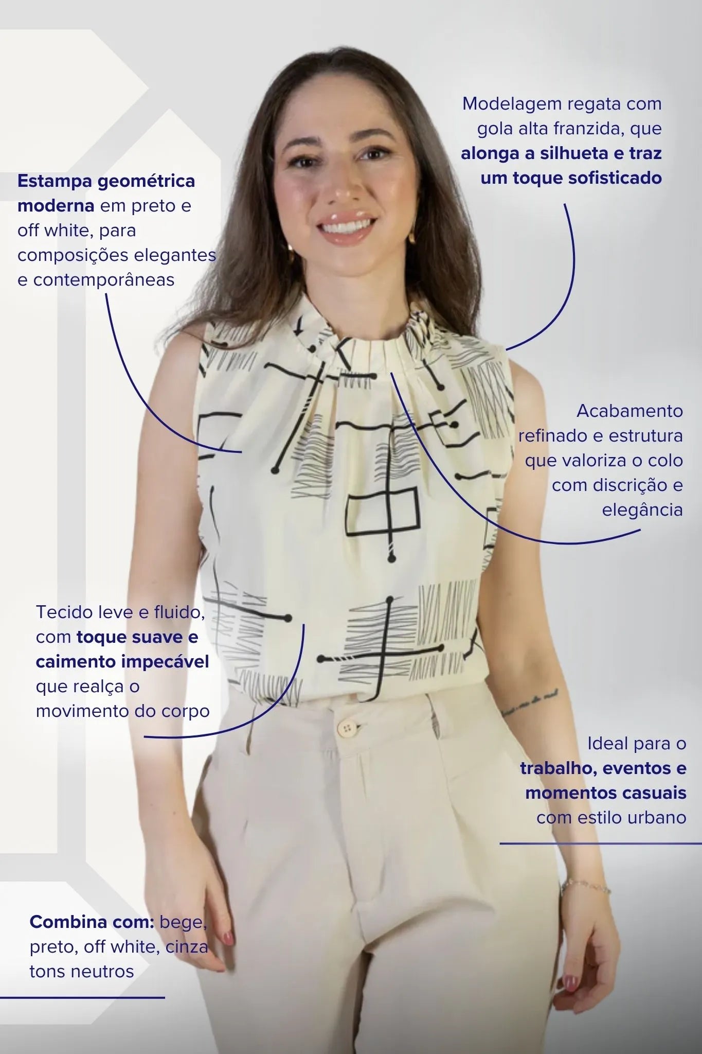 Regata Detalhe Pregas Colo Crepe Classic Lídia Estampada Creme