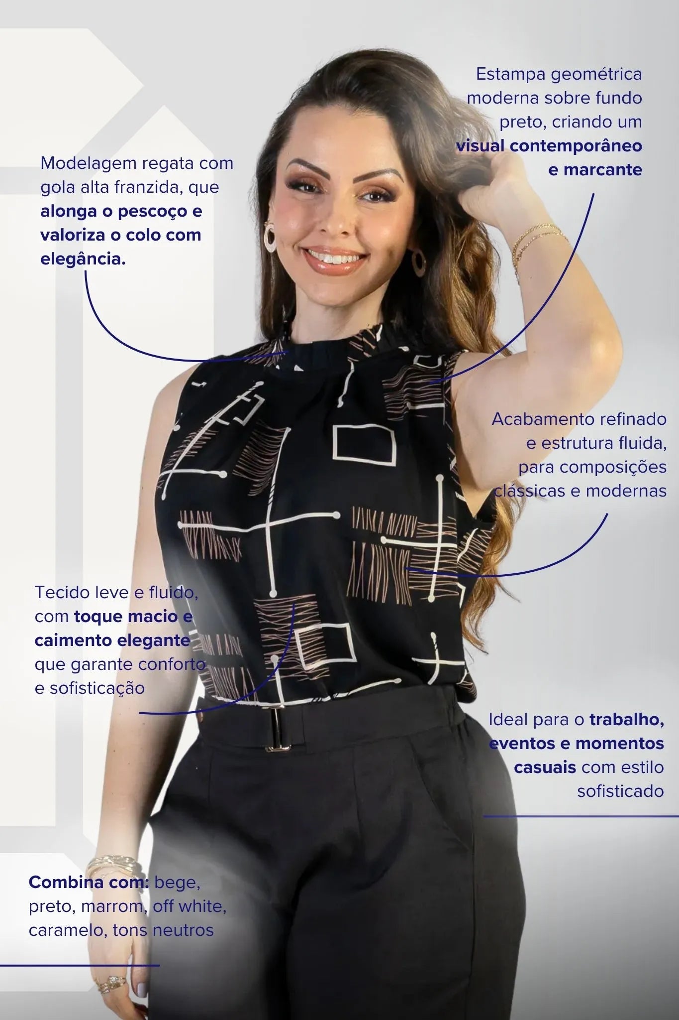 Regata Detalhe Pregas Colo Crepe Classic Lídia Estampada Preta