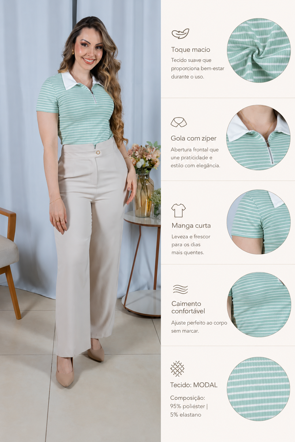Blusa Modal Listrada com Gola Camisa Melinda Verde