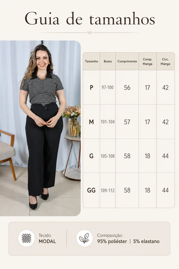 Blusa Modal Listrada com Gola Camisa Melinda Preta