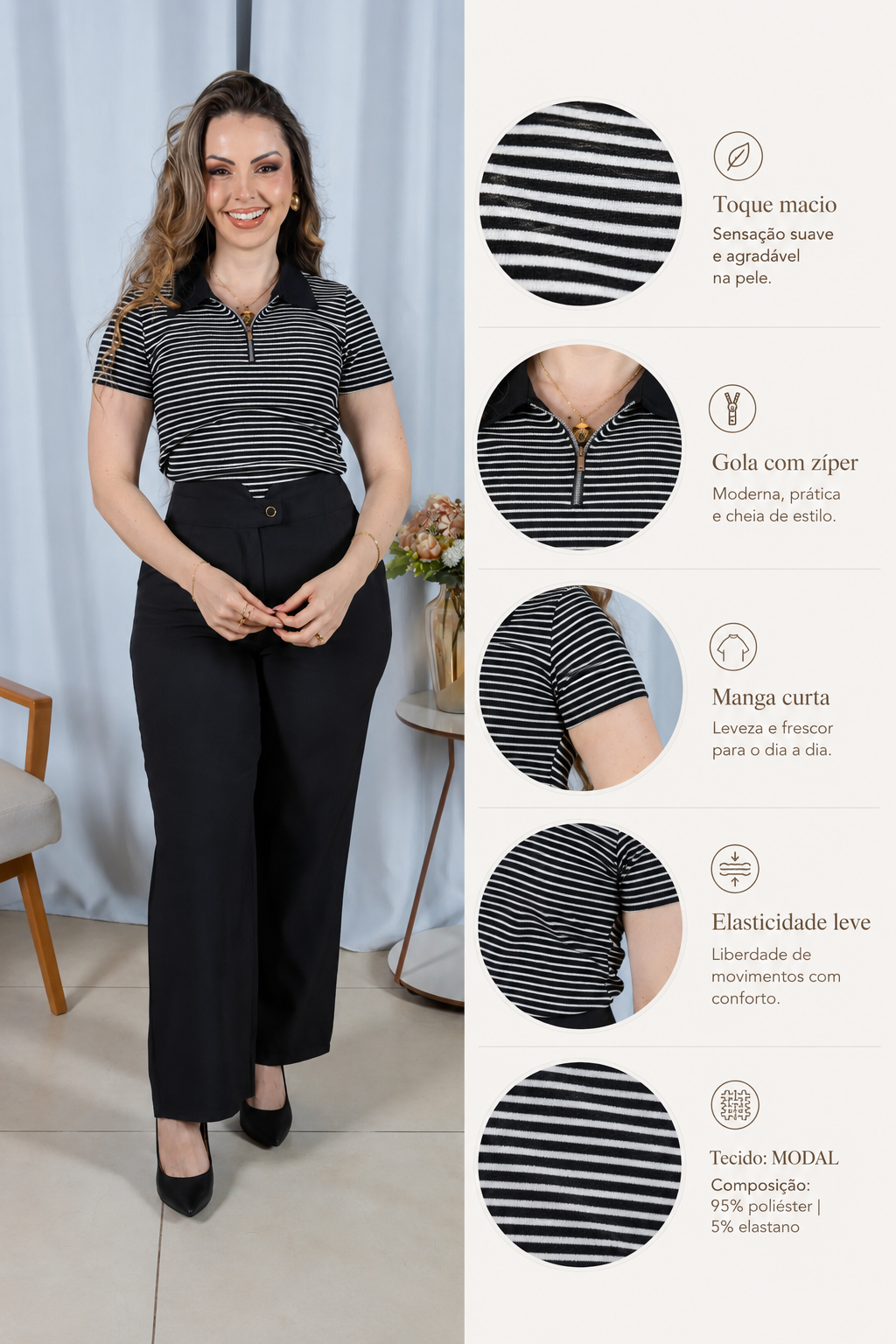 Blusa Modal Listrada com Gola Camisa Melinda Preta