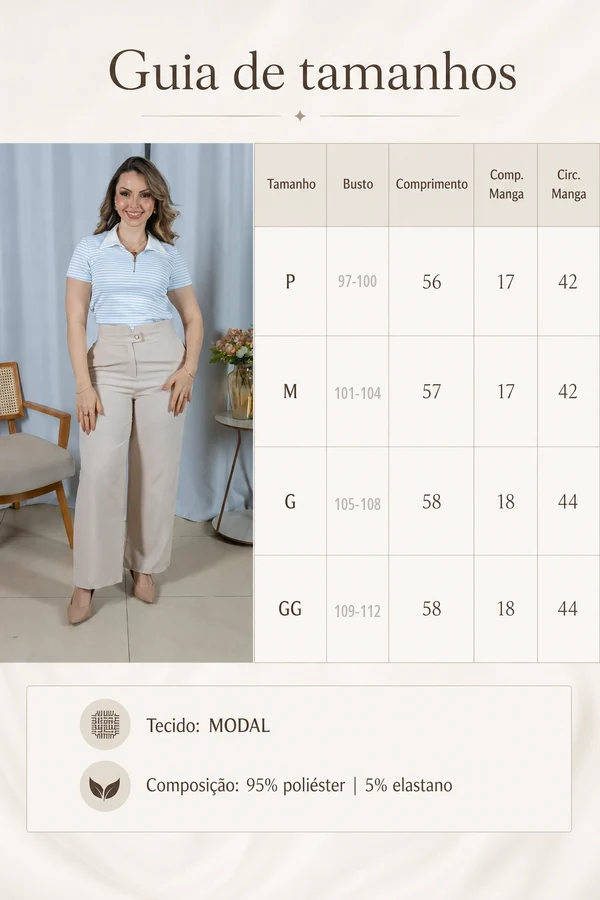 Blusa Modal Listrada com Gola Camisa Melinda Azul