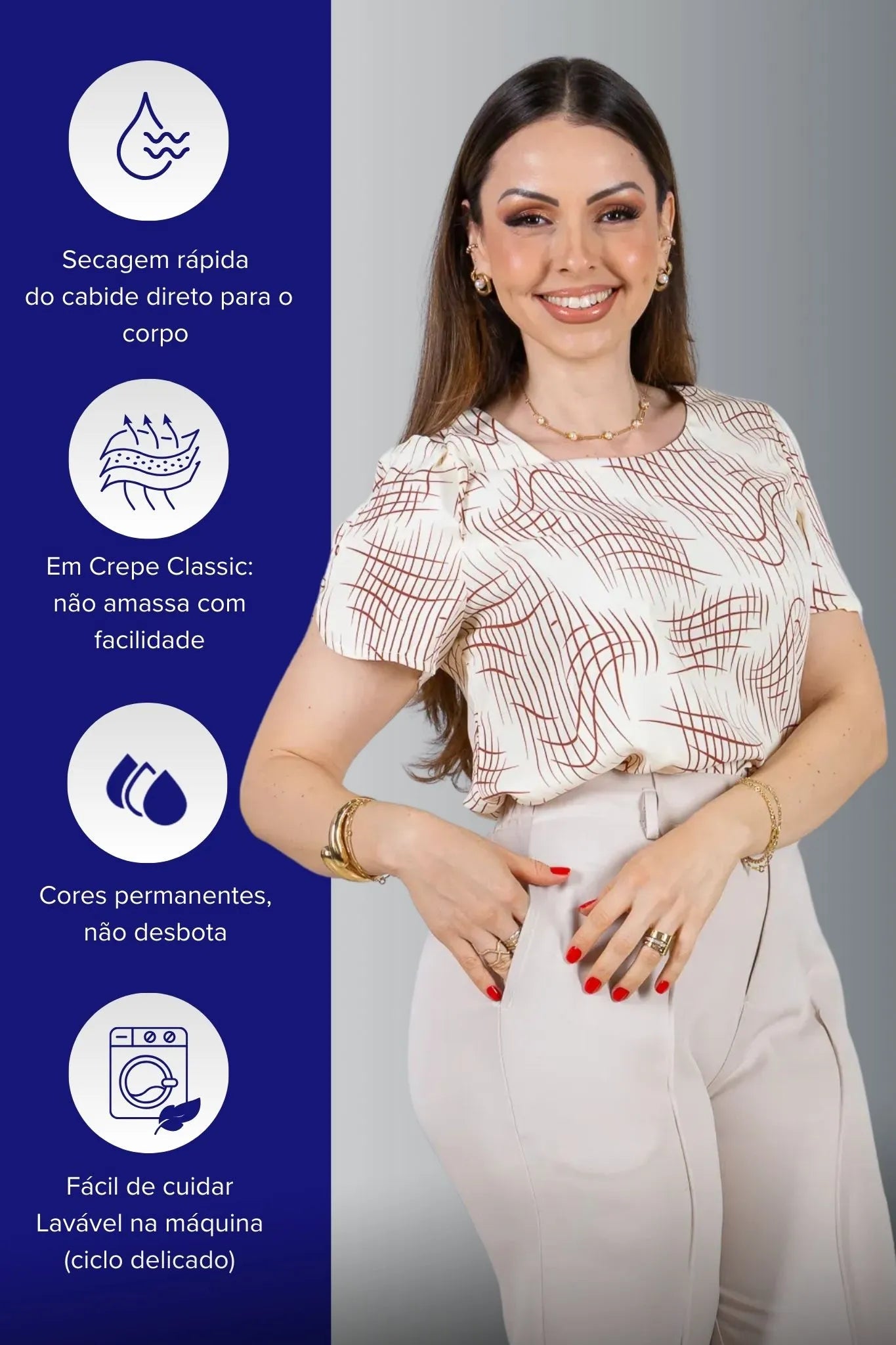 Blusa Manga Curta Botões Crepe Classic Magda Estampada Vermelha