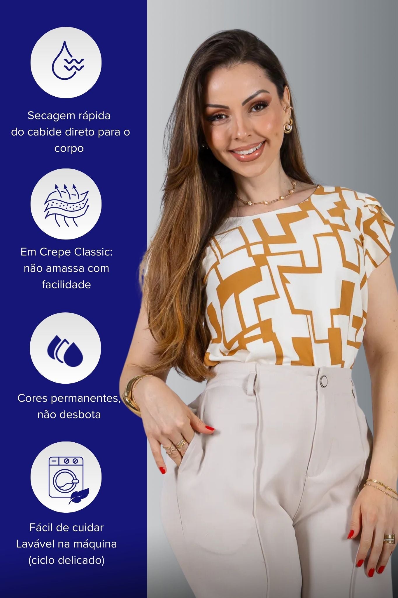 Blusa Manga Curta Transpassada Crepe Classic Carmen Estampada Geométrica Marrom