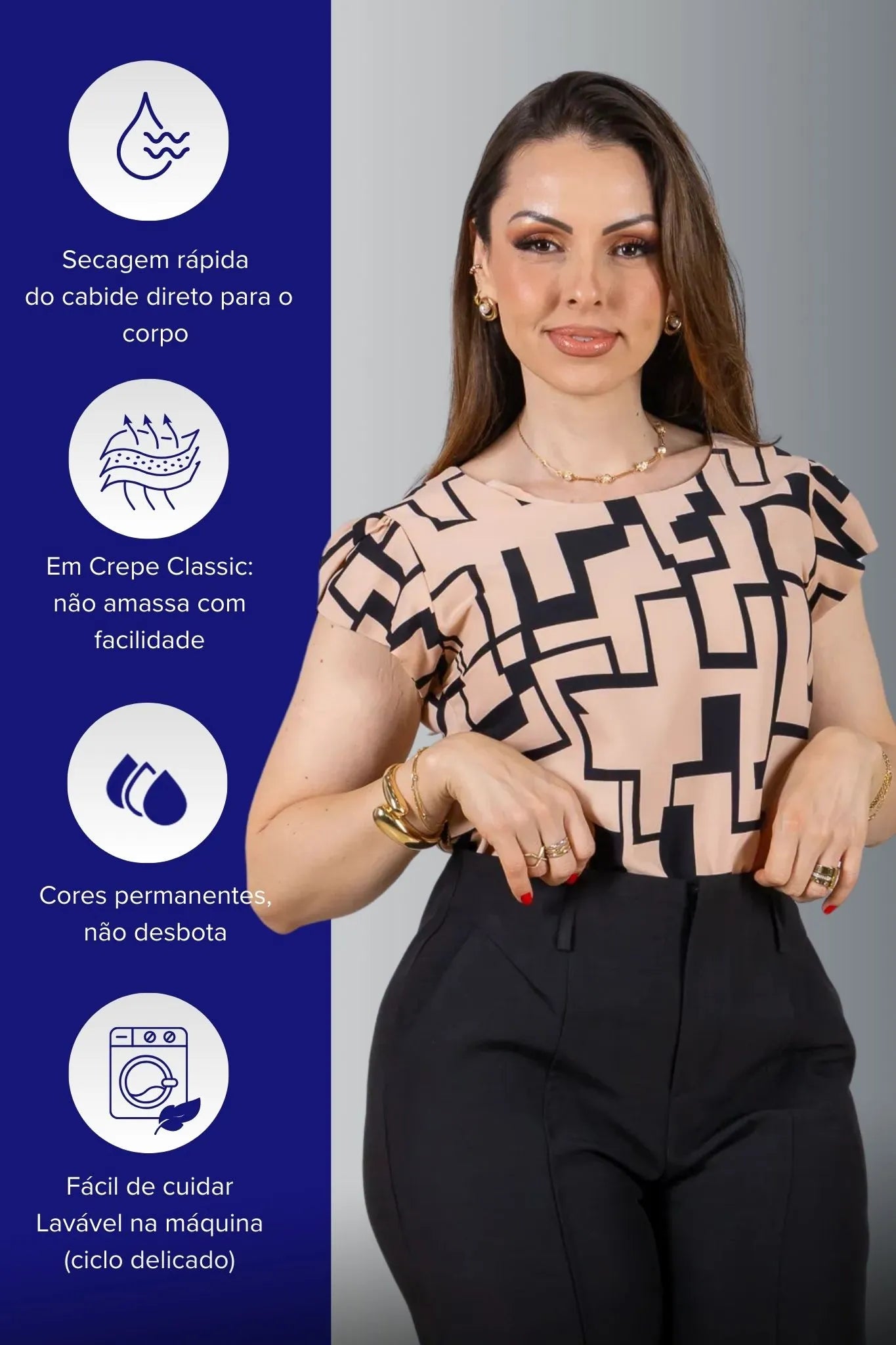 Blusa Manga Curta Transpassada Crepe Classic Carmen Estampada Geométrica Rosa