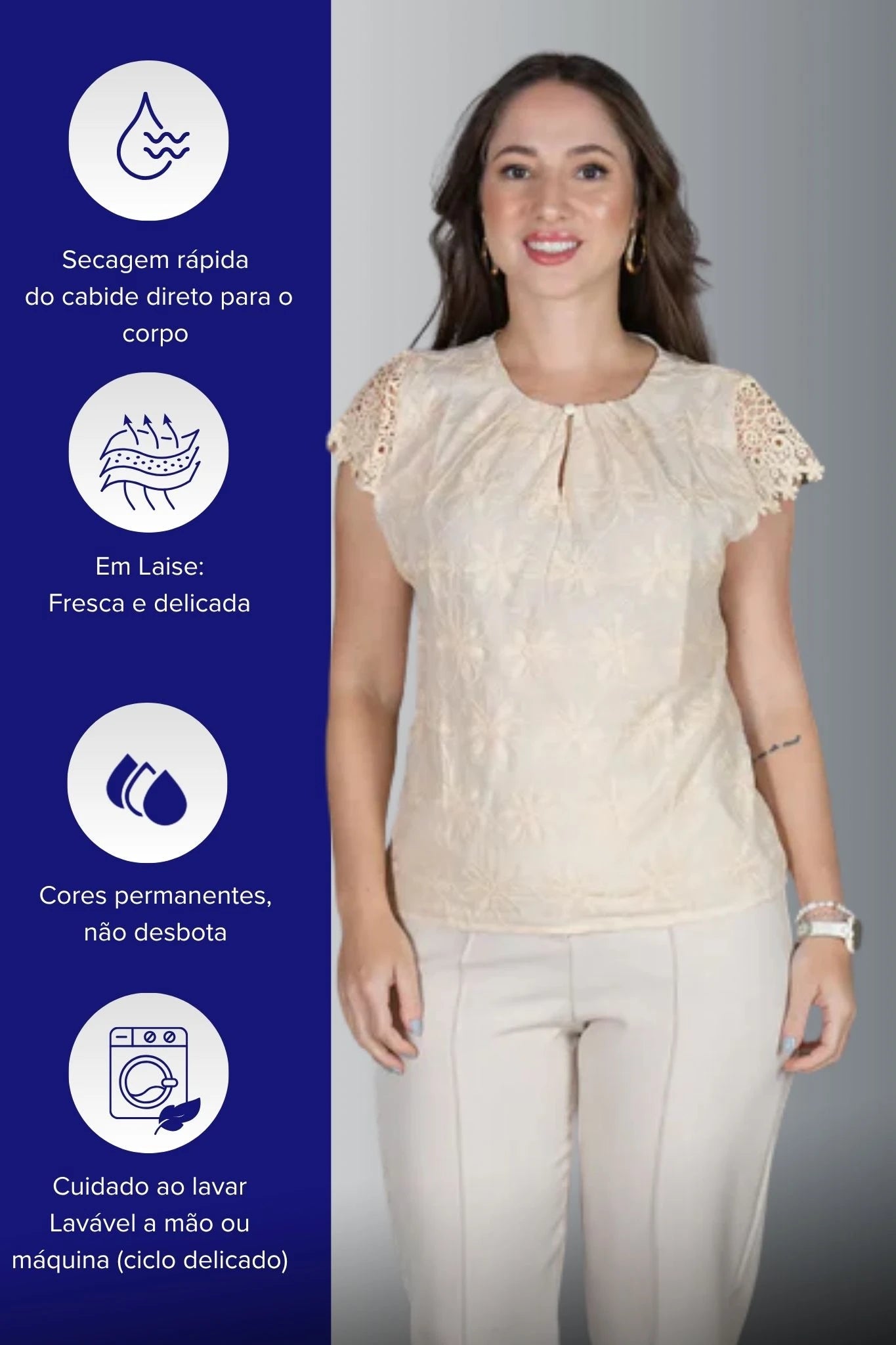 Blusa Manga Curta em Laise com Detalhe em Renda Manuela Creme