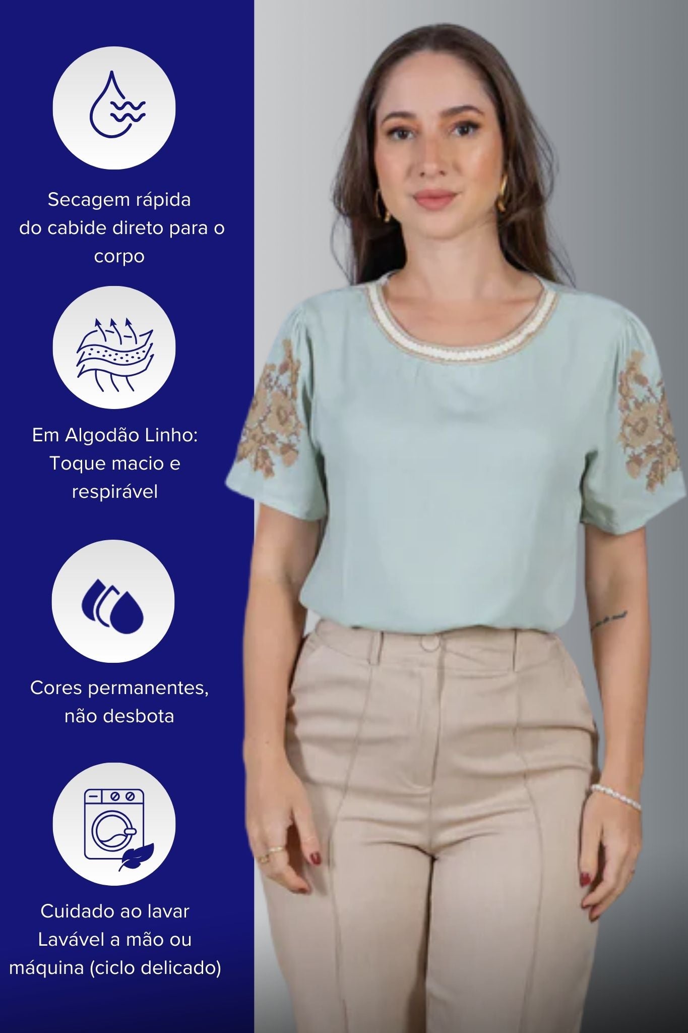 Blusa Manga Curta Visco-Linho Detalhes Bordados Marcela Verde