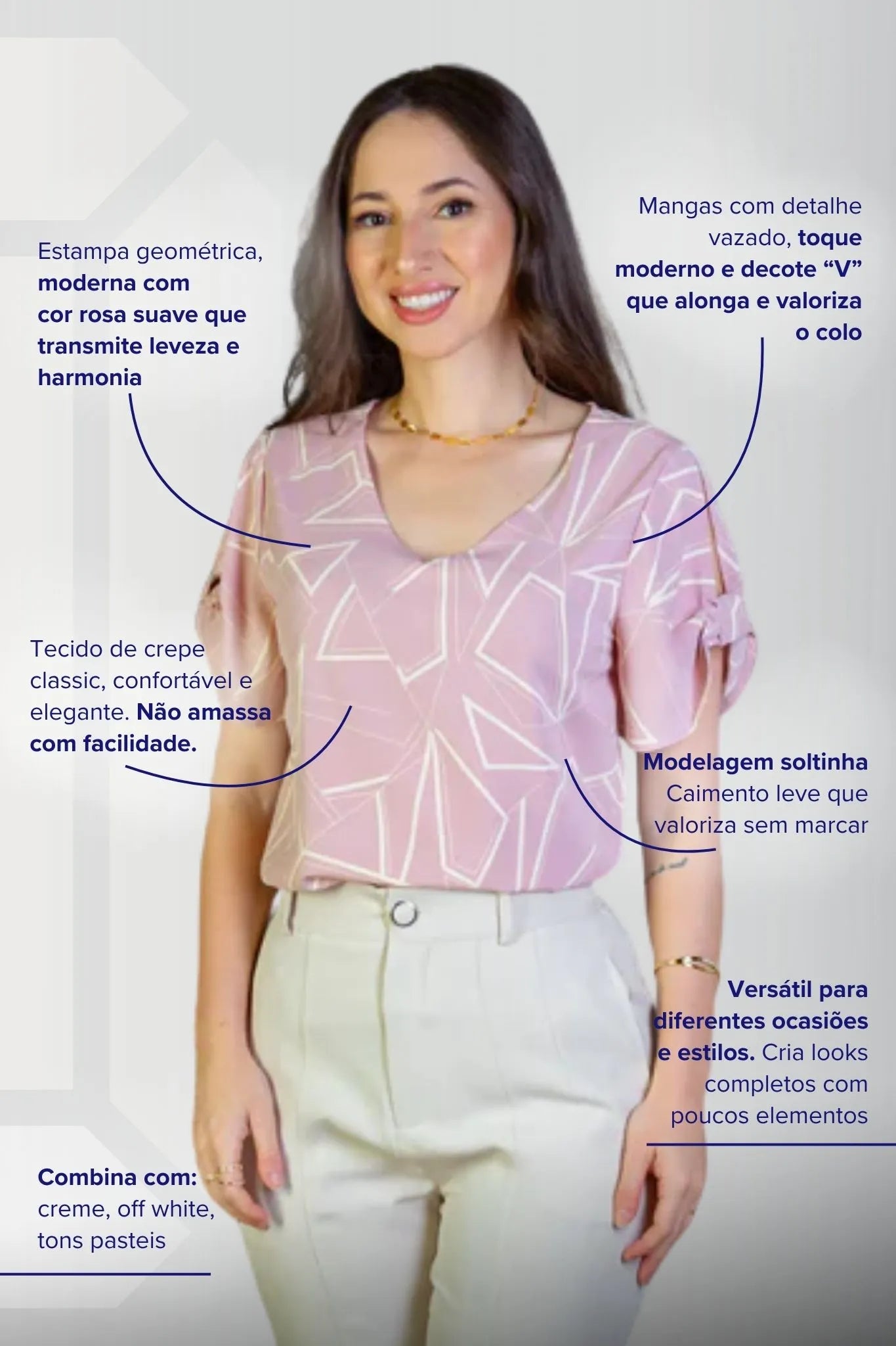 Blusa Manga Curta Decote "V" Crepe Classic Margot Estampada Rosa