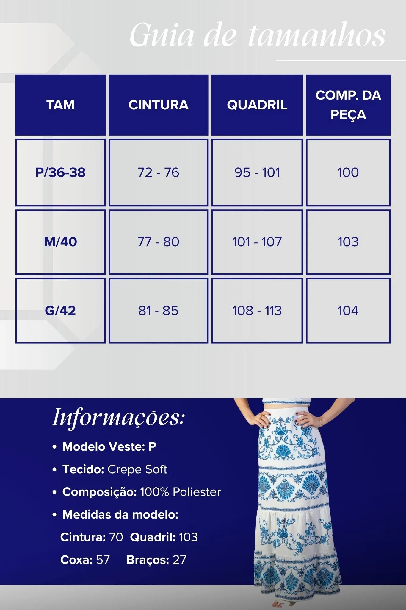 Saia Longa Camadas Crepe Soft Marina Ruy Estampada Azul