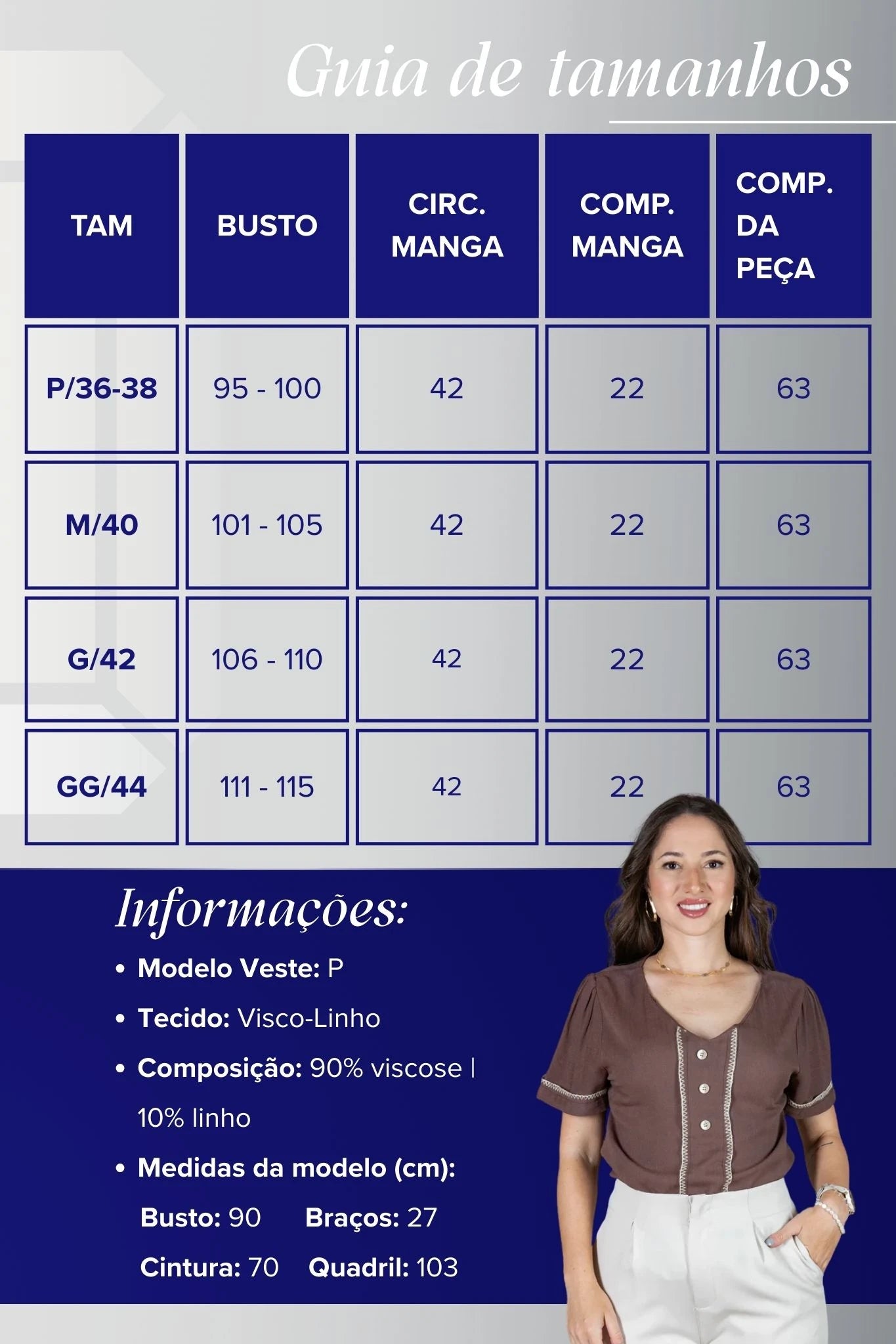 Blusa Manga Curta Visco-Linho Decote em "V" com Botões e Ponto Contrastante Maxine Marrom