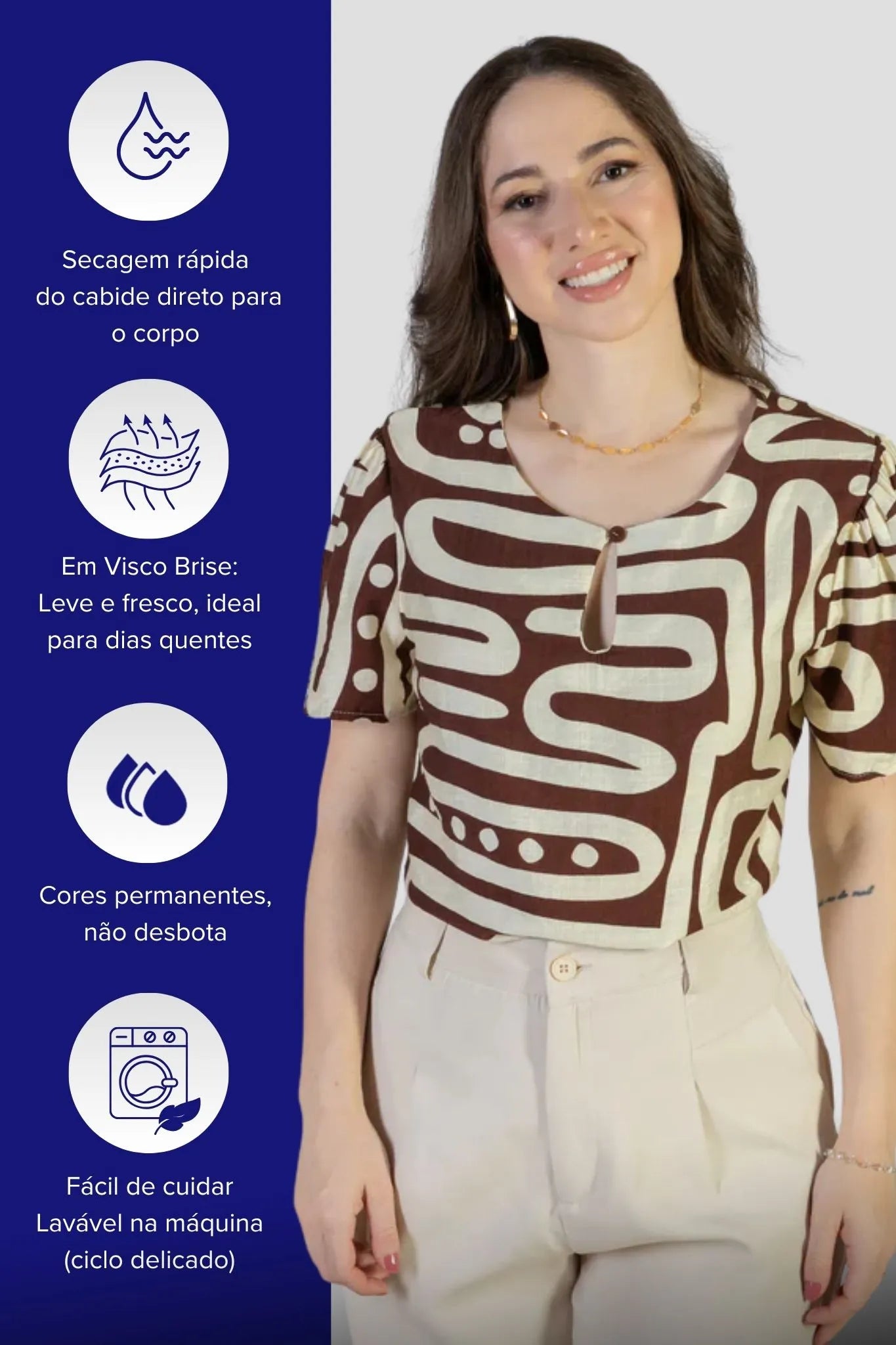 Blusa Manga Curta Detalhe Decote Visco Brise Mel Estampada Marrom