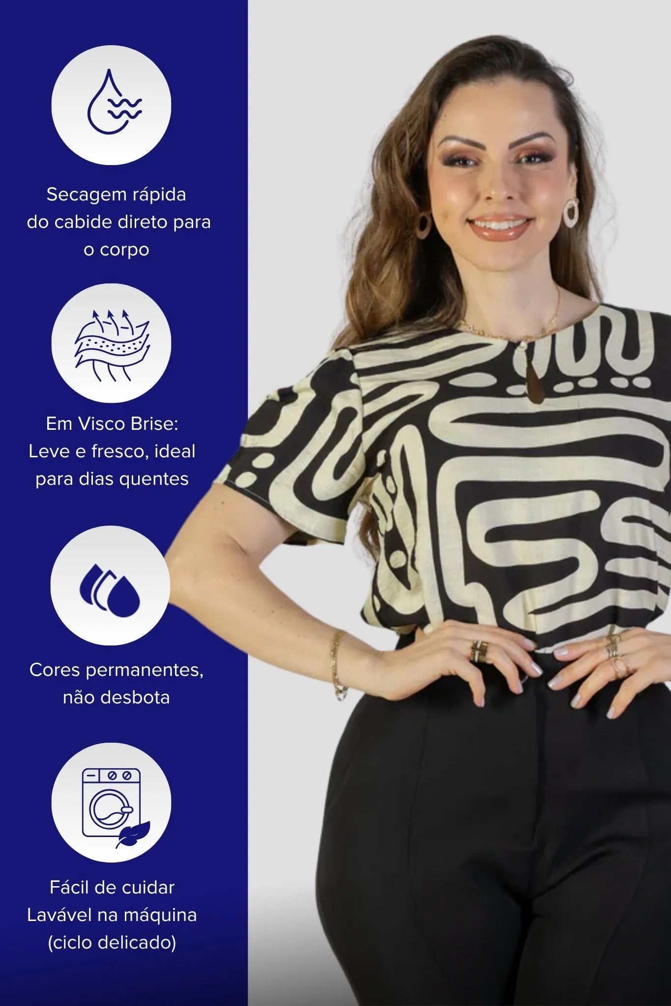 Blusa Manga Curta Detalhe Decote Visco Brise Mel Estampada Preta