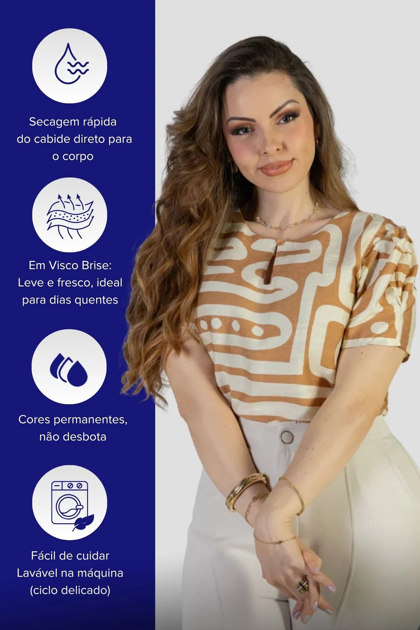 Blusa Manga Curta Detalhe Decote Visco Brise Mel Estampada Bege