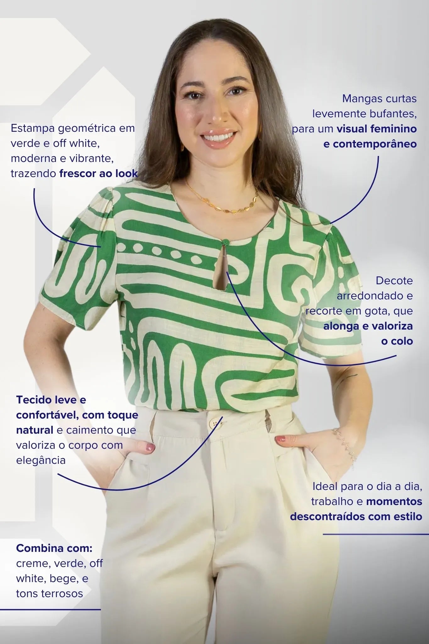 Blusa Manga Curta Detalhe Decote Visco Brise Mel Estampada Verde