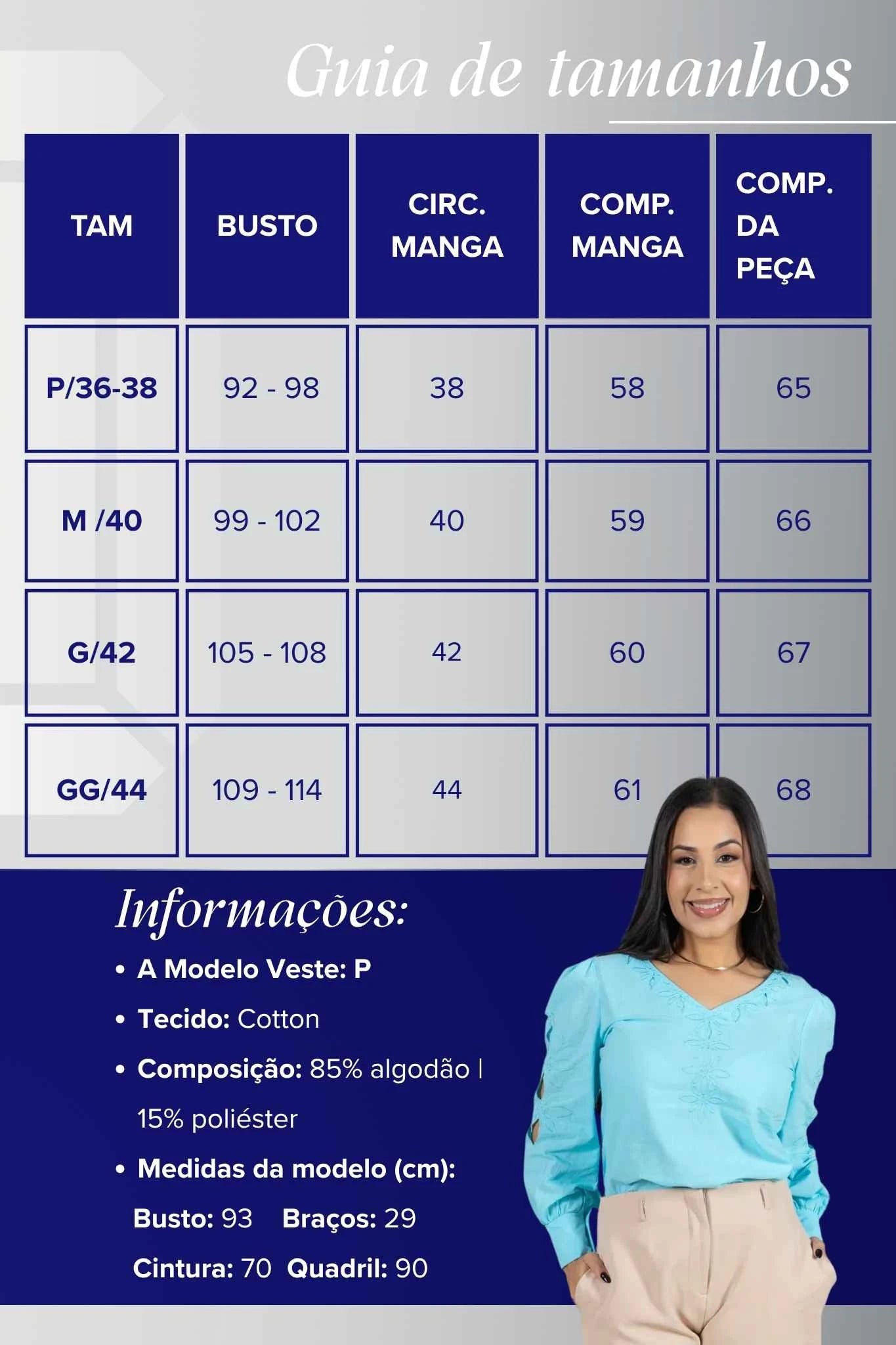 Blusa Manga Longa Decote em "V" em Cotton e Detalhes Vazados Melina Azul