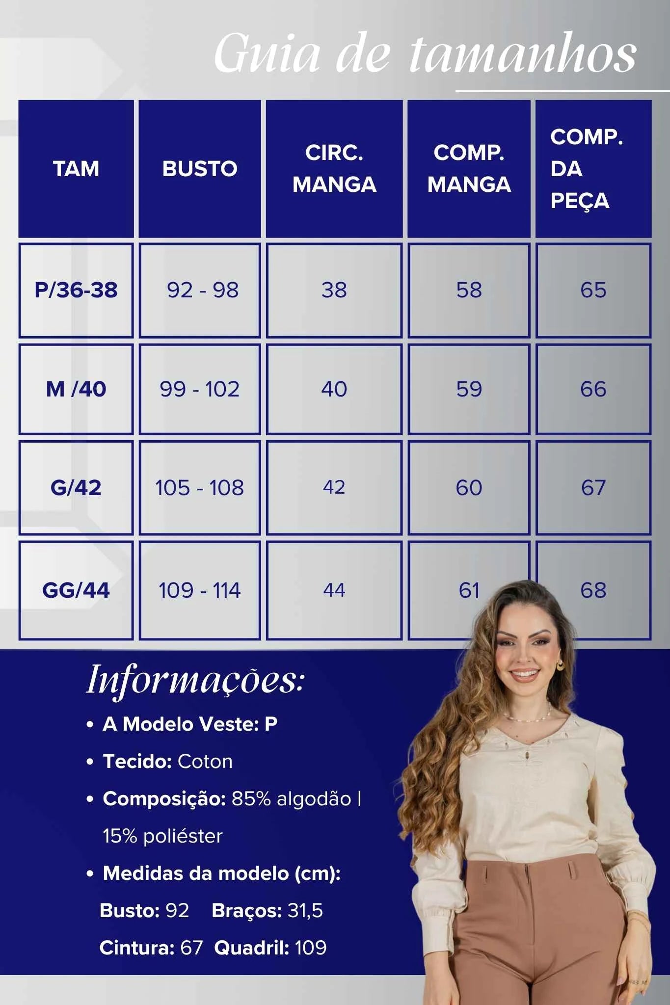Blusa Manga Longa Decote em "V" em Cotton e Detalhes Vazados Melina Bege