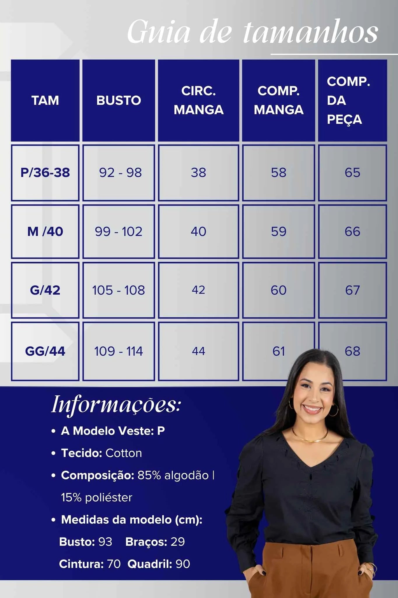 Blusa Manga Longa Decote em "V" em Cotton e Detalhes Vazados Melina Preta