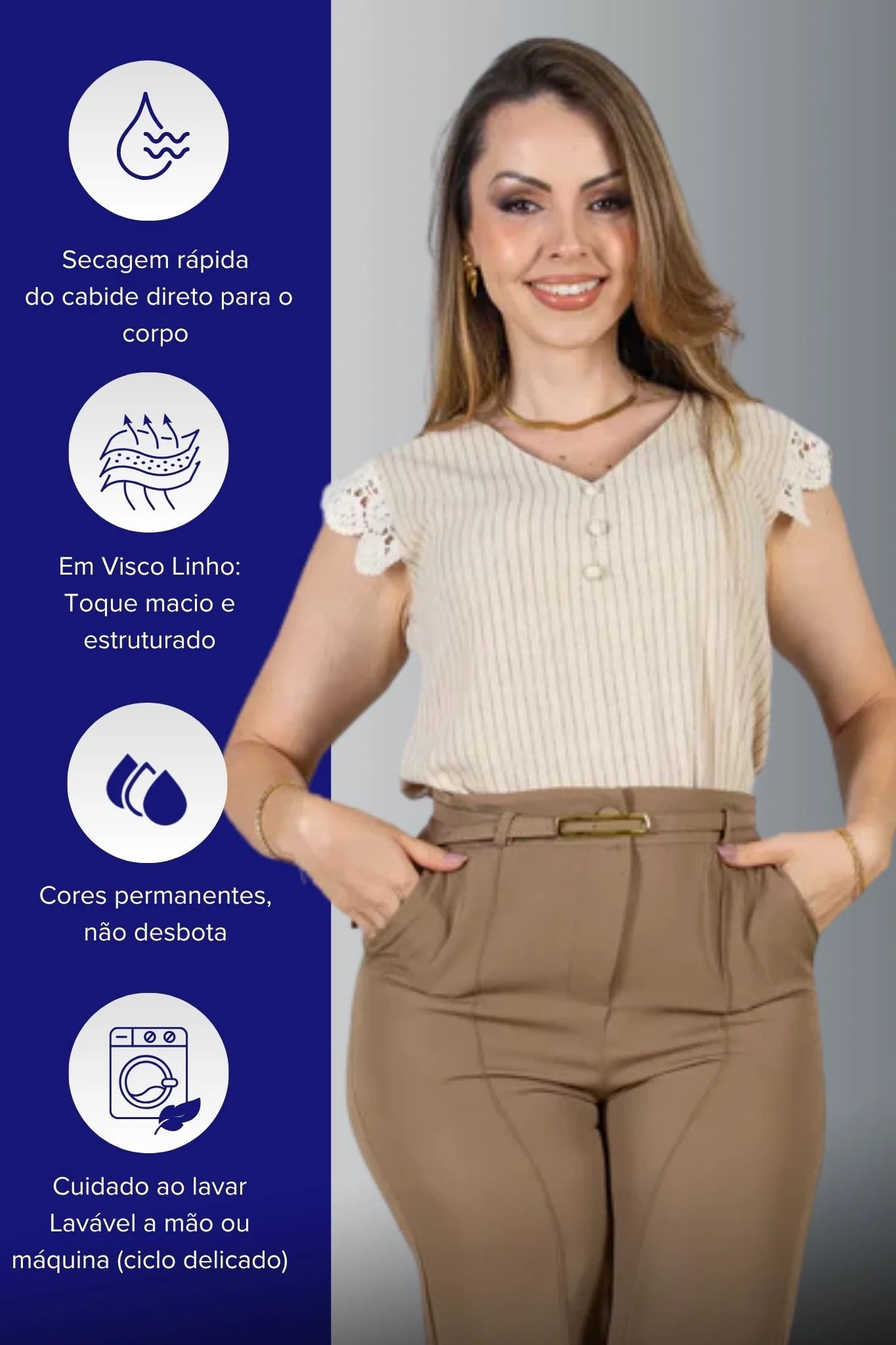 Blusa Regata em Visco-Linho Decote em "V" Detalhe em Renda Melissa Bege