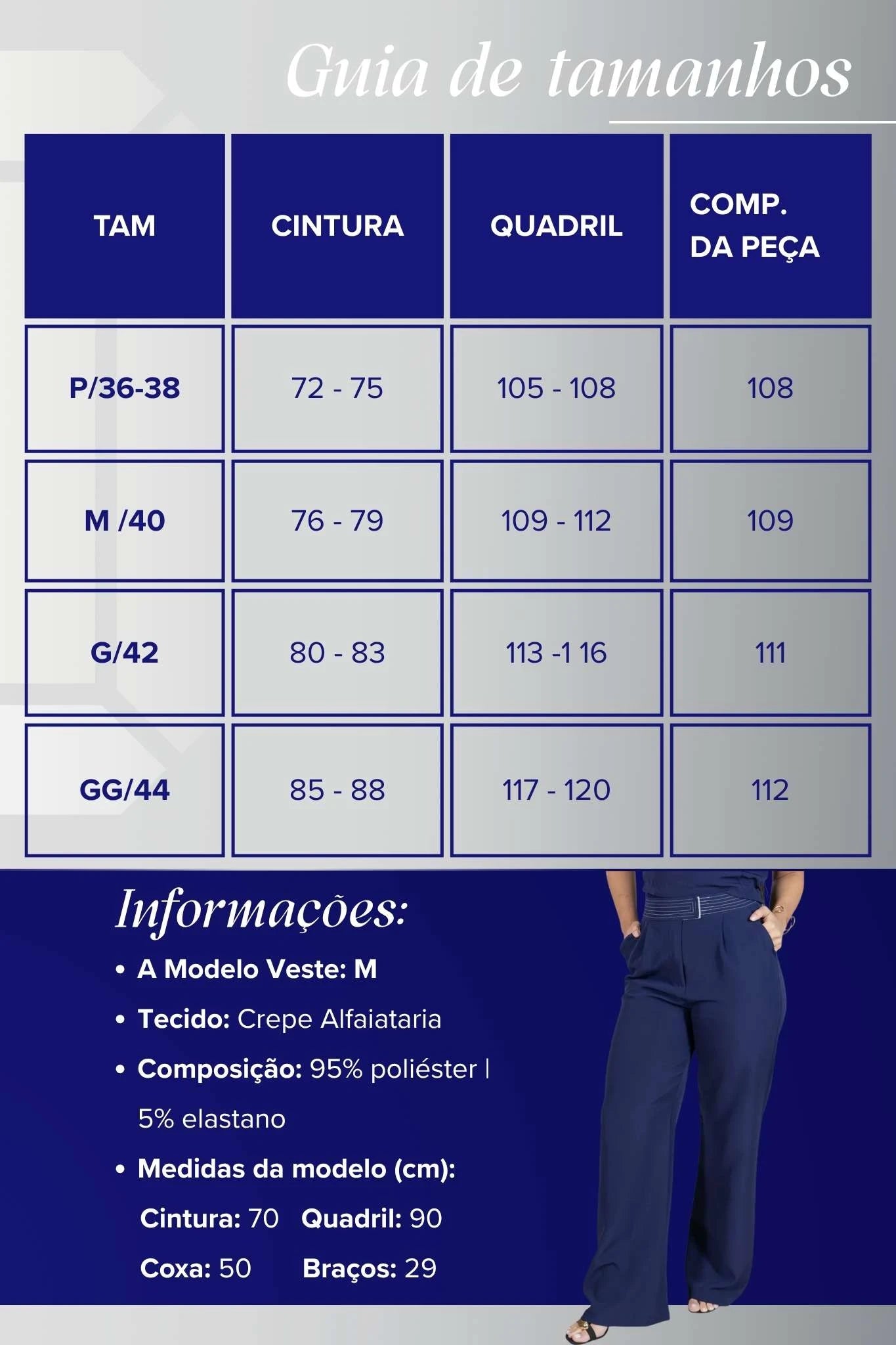 Calça Corte Reto em Crepe Alfaiataria Detalhes Pesponto Nicole Azul Marinho