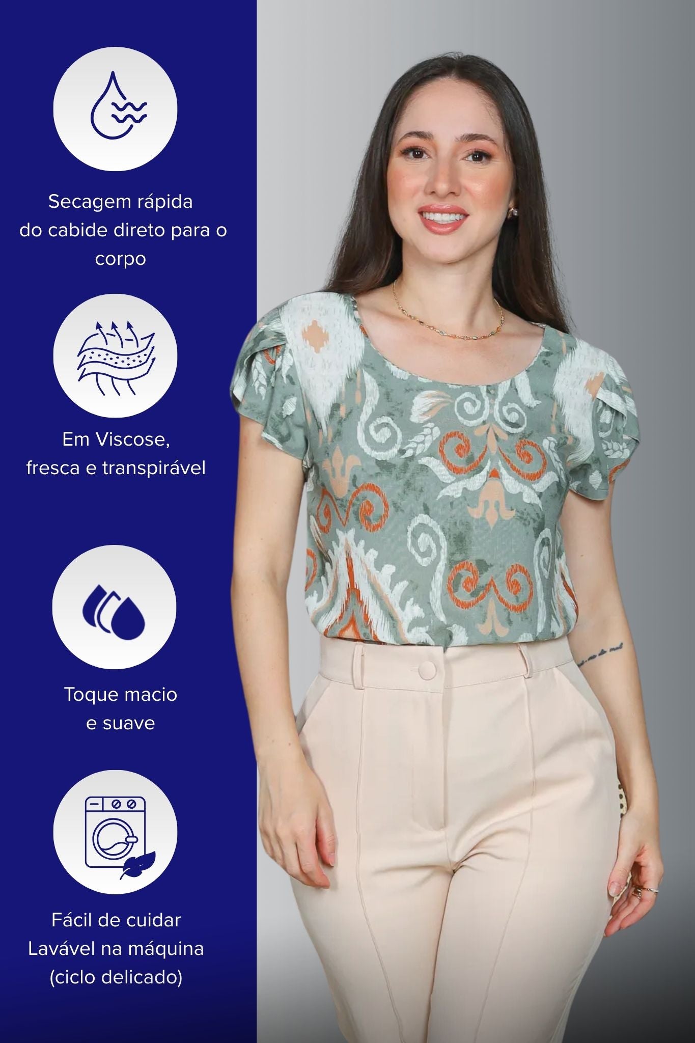 Blusa Manga Curta Transpassada Viscose Regina Estampada Verde