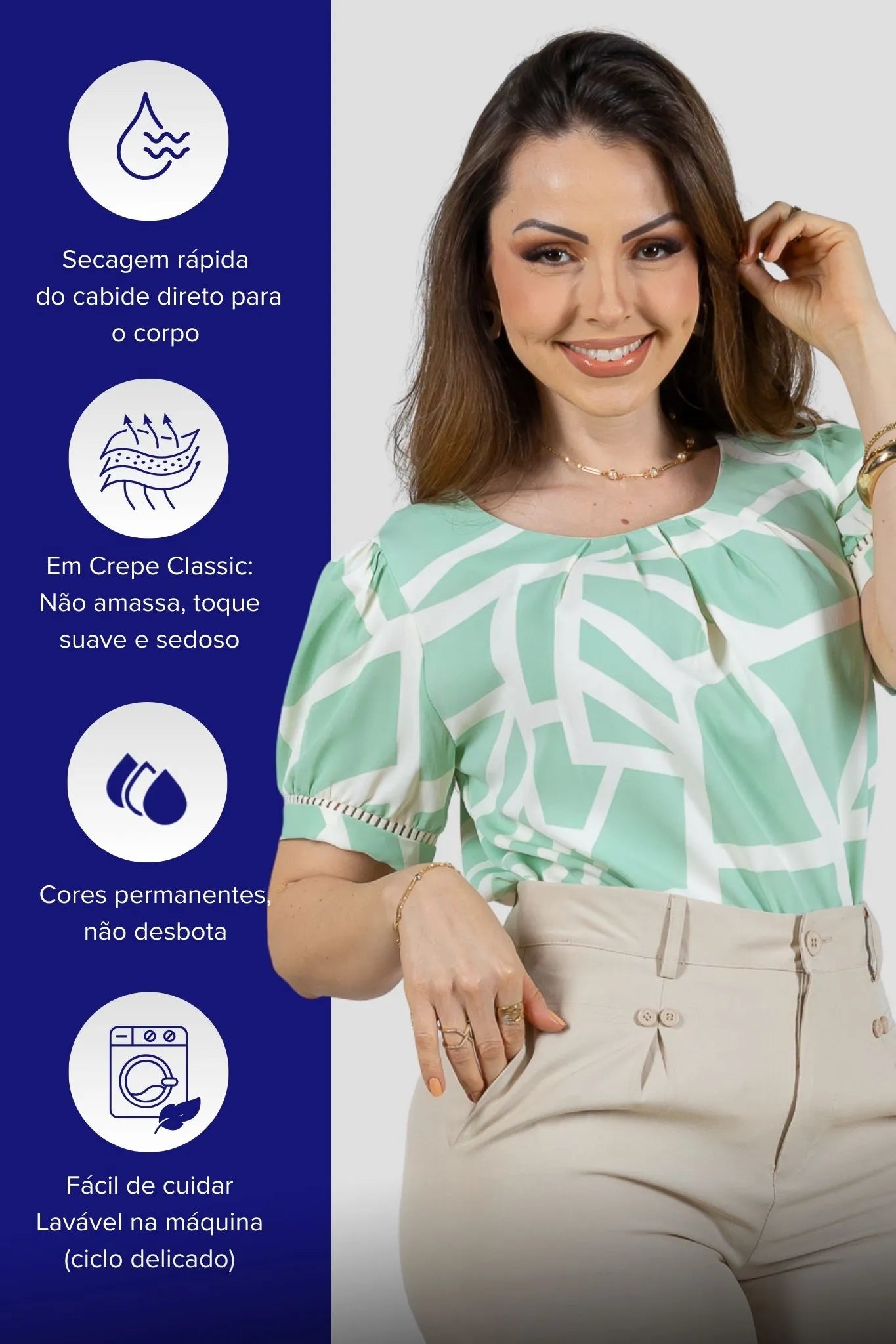 Blusa Manga Curta Detalhe Pregas Colo Crepe Classic Renata Verde