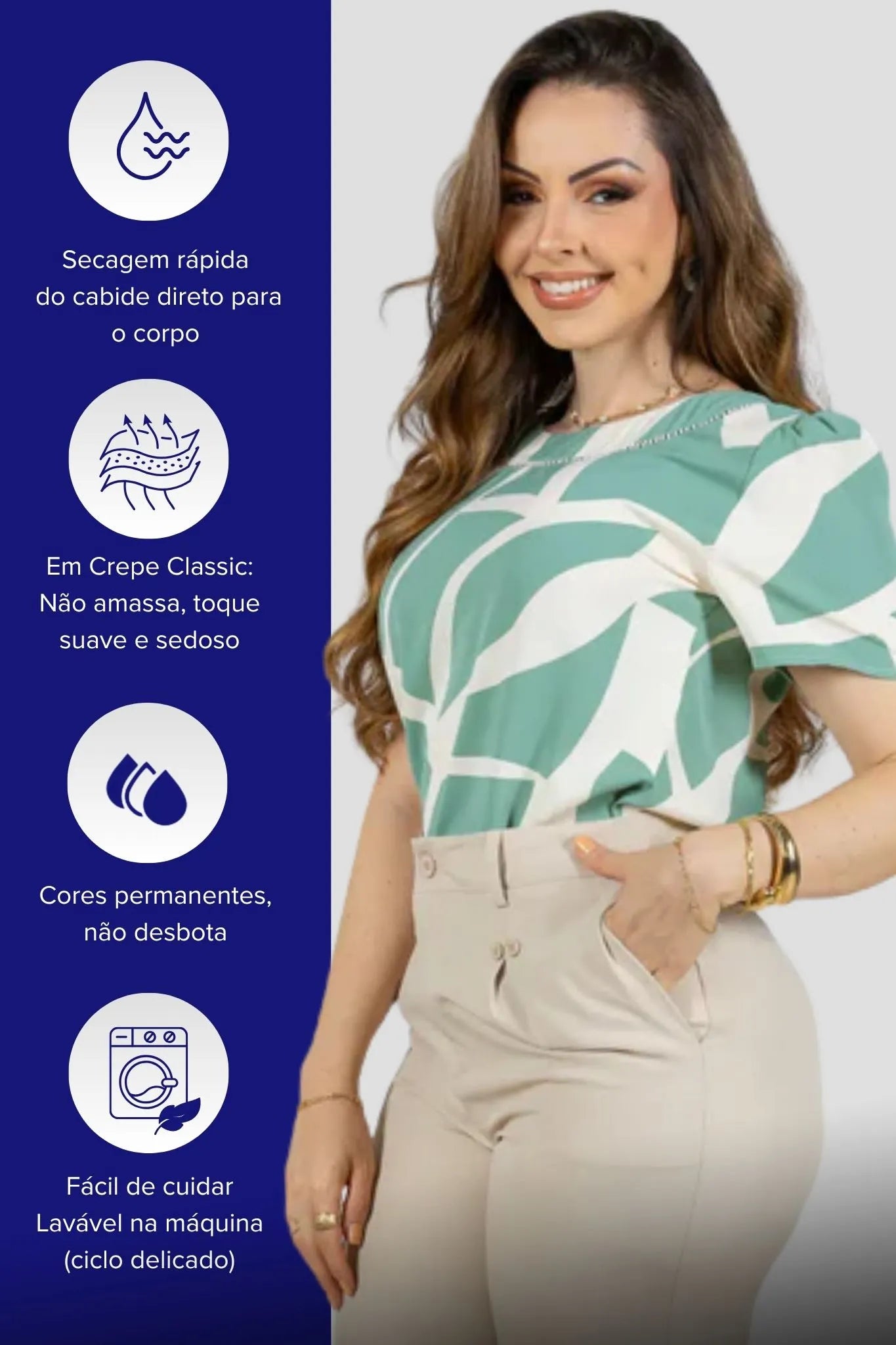 Blusa Manga Curta Estampa Geométrica Crepe Classic Rosana Verde