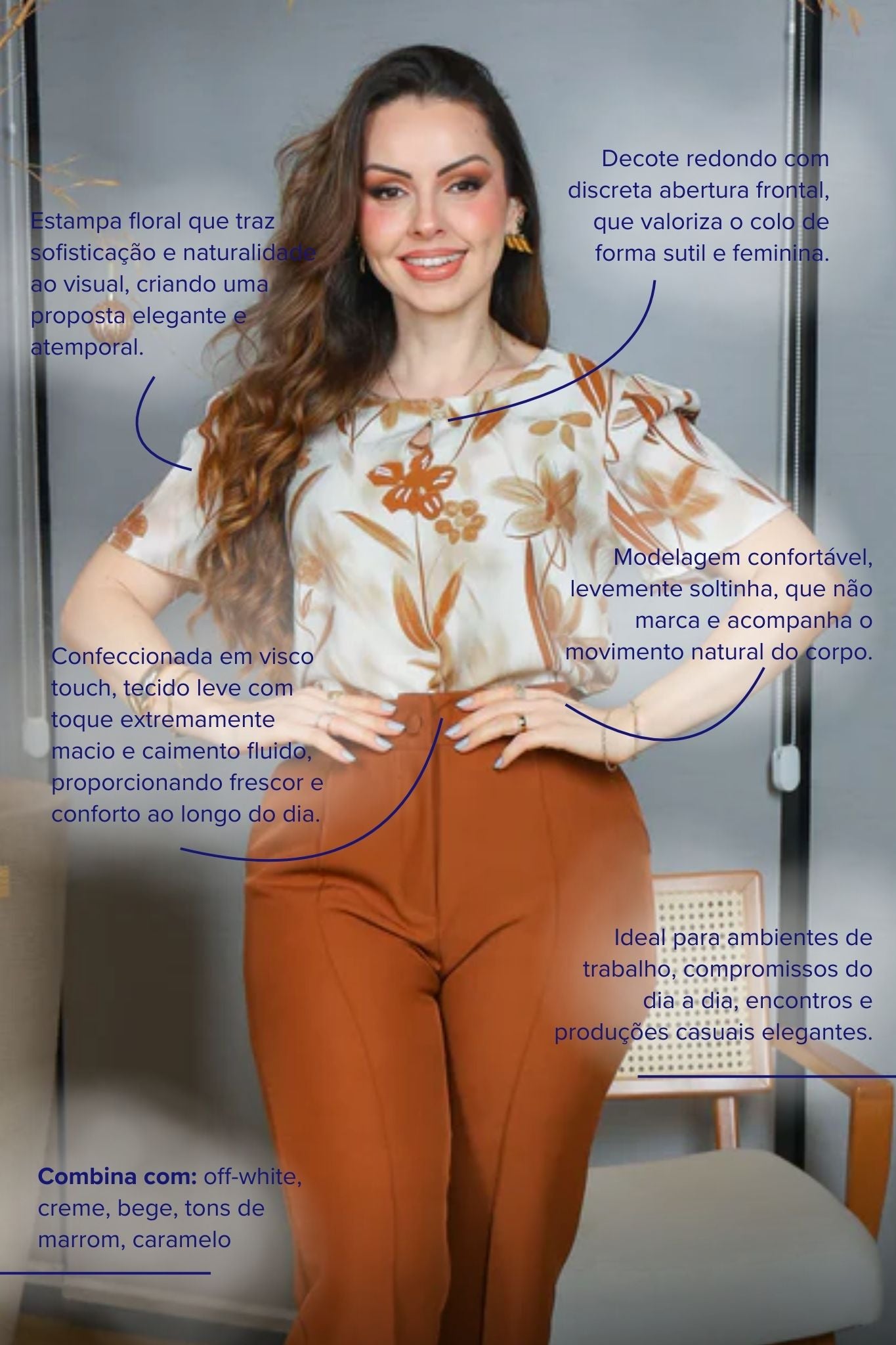 Blusa Manga Curta Visco Touch Estampa Floral Rosângela Marrom