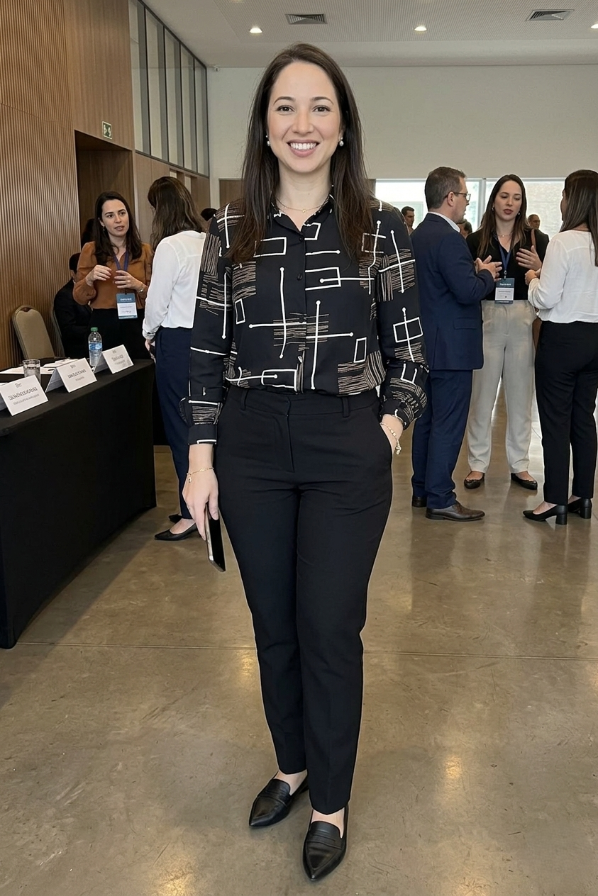 Camisa Manga Longa Crepe Classic Fecho em Botões Estampa Geométrica Sara Preta