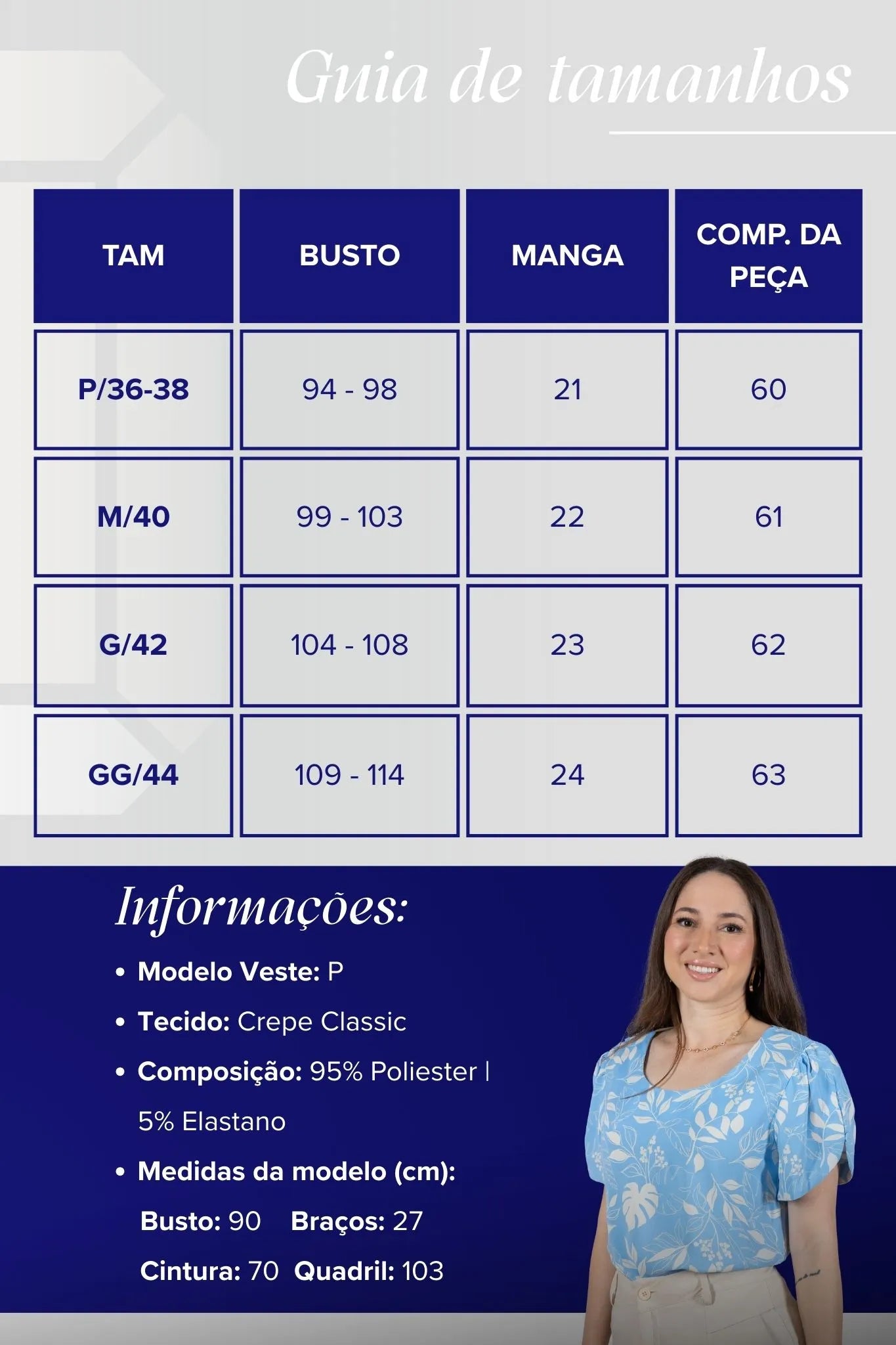 Blusa Manga Curta Detalhe Botão Crepe Classic Samara Estampada Azul