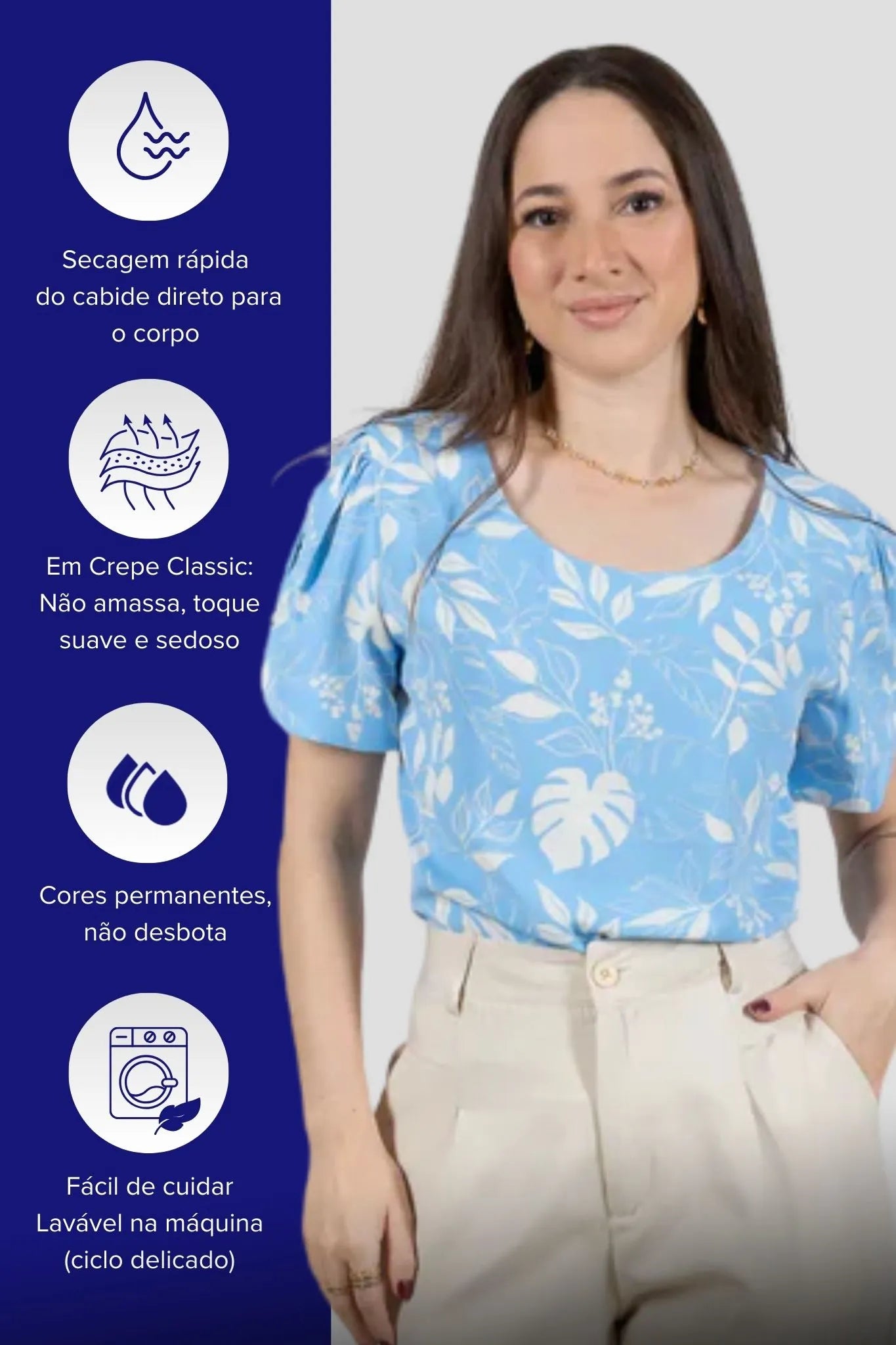 Blusa Manga Curta Detalhe Botão Samara Estampada Azul